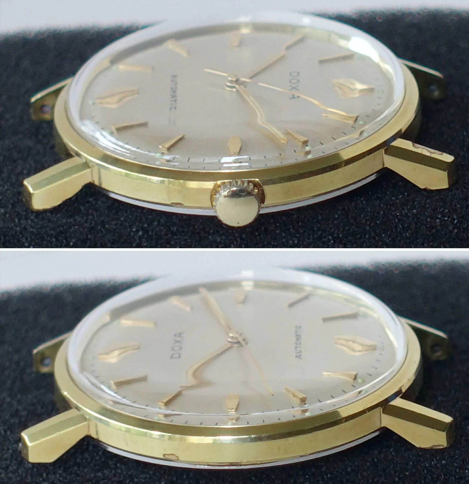 Flache, goldfarbene Doxa Armbanduhr mit hellem Zifferblatt und goldfarbenen Zeigern.