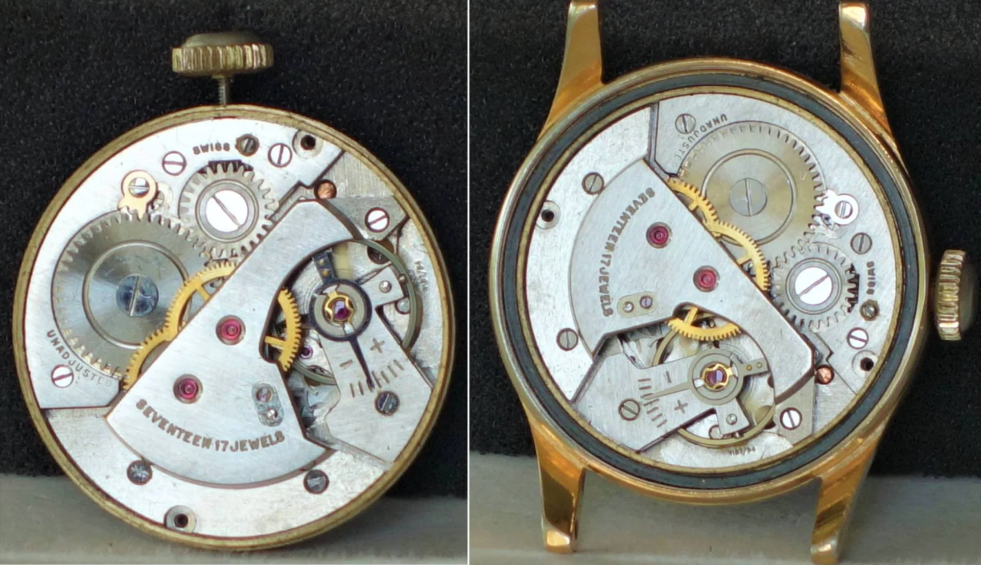 Mechanisches Uhrwerk mit sichtbaren Zahnrädern und Gravur "SEVENTEEN 17 JEWELS".