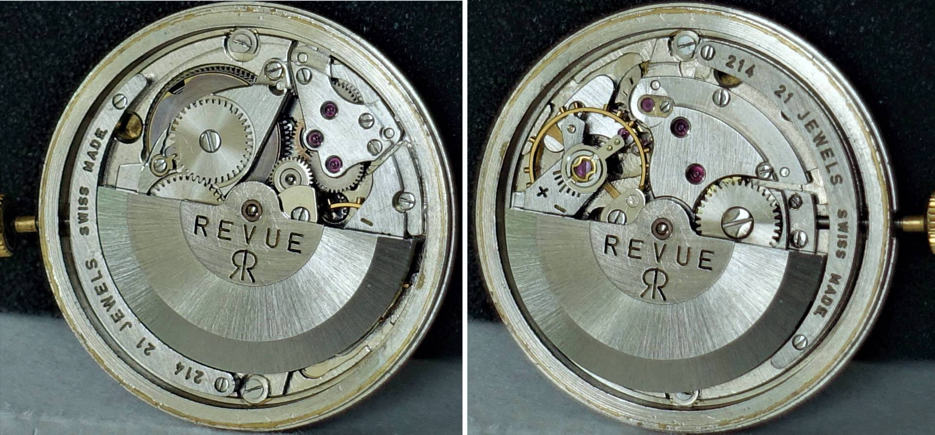 Silberfarbenes mechanisches Uhrwerk mit Automatikaufzug und sichtbarer Gravur "REVUE 214".