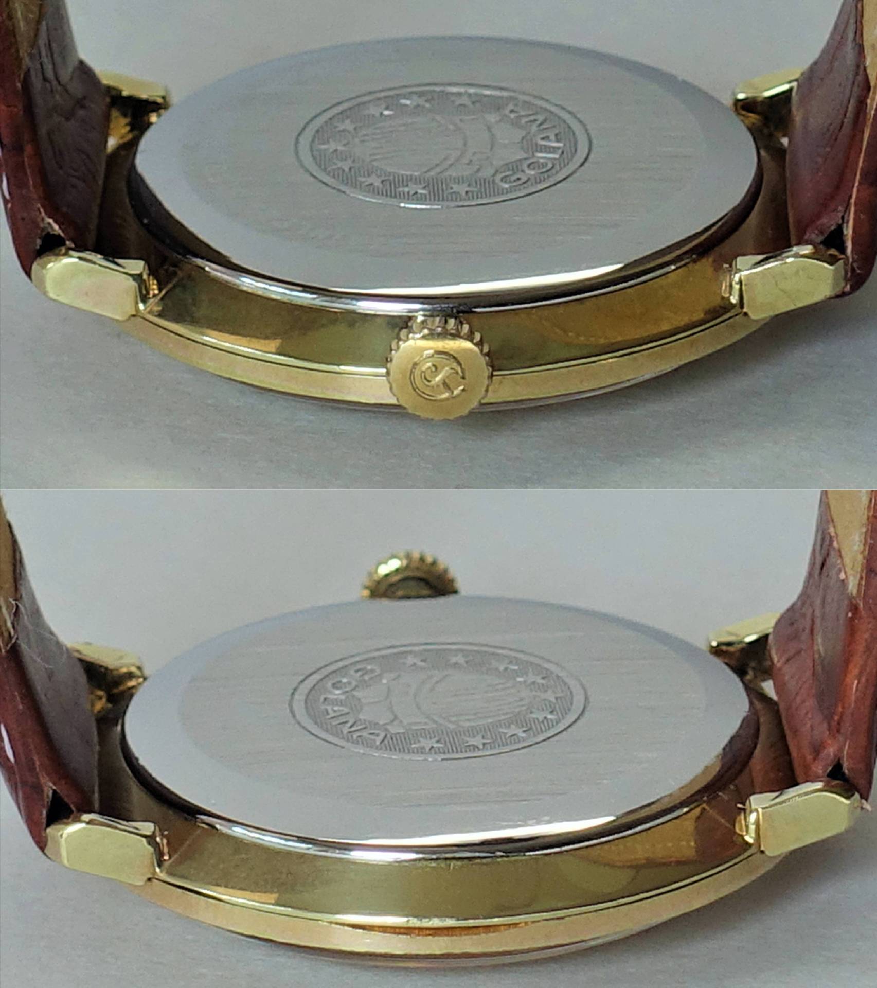 Rundes Uhrgehäuse in goldfarbener Ausführung mit silberfarbener Rückseite und braunem Armband, seitlich eine gezahnte Krone.