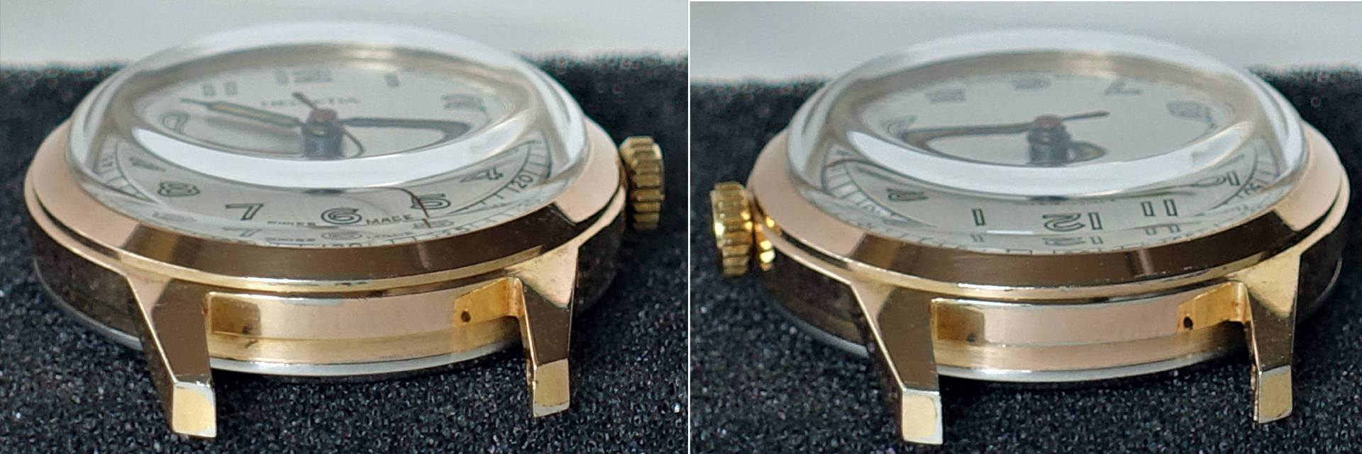 Goldfarbene Armbanduhr mit hellem Zifferblatt und gewölbtem Glas, seitlich fotografiert.