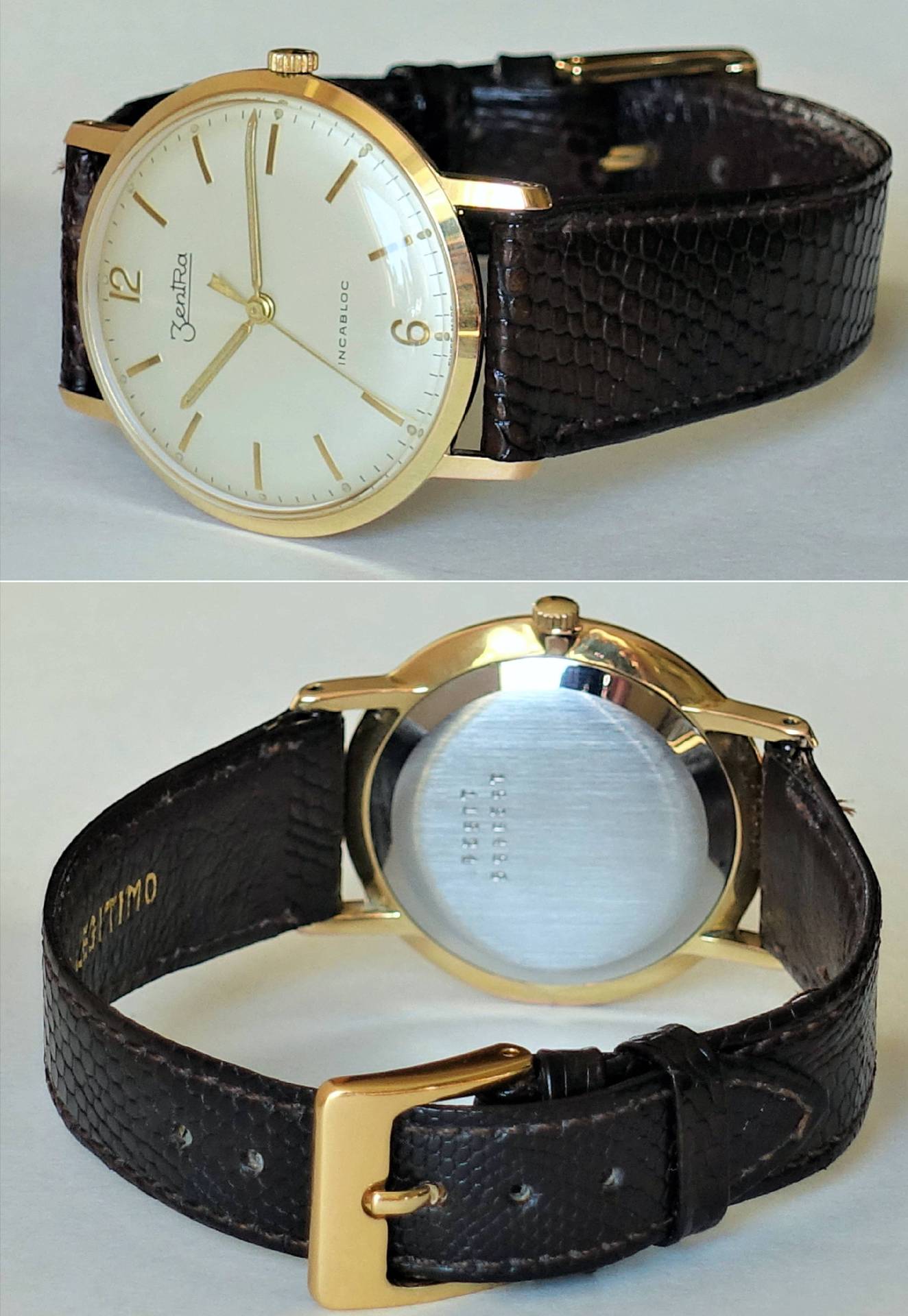 Klassische Armbanduhr mit goldfarbenem Gehäuse, weißem Zifferblatt und braunem Lederarmband.