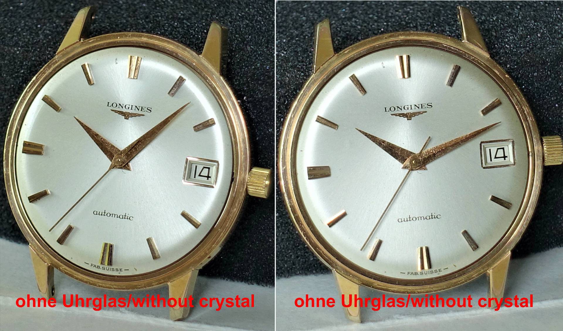 Goldfarbene Armbanduhr mit silberfarbenem Zifferblatt, goldfarbenen Zeigern und Datumsanzeige, ohne Uhrglas.