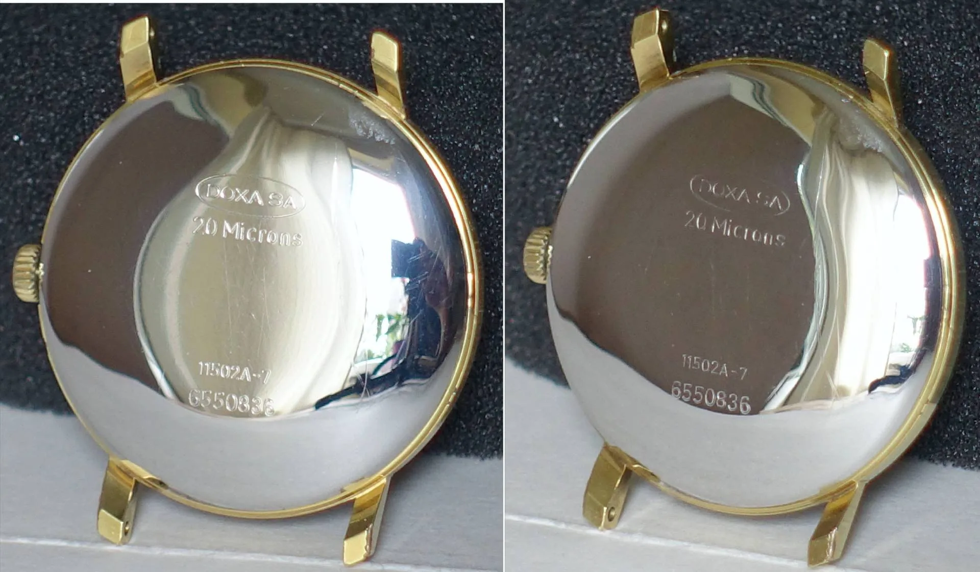 Doxa Uhrgehäuse goldfarben Rundes, goldfarbenes Uhrgehäuse von Doxa mit polierter Rückseite und eingravierten Schriftzügen.