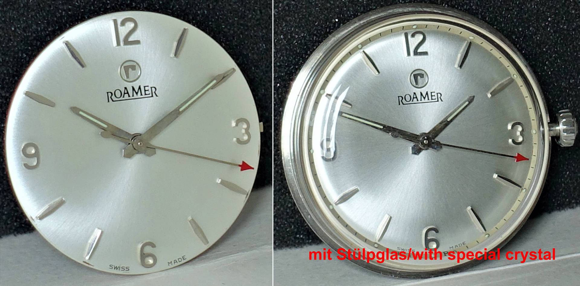 Silberfarbenes Zifferblatt mit Zeigersatz und aufgesetzten Indizes, Markierung "Roamer" mittig.