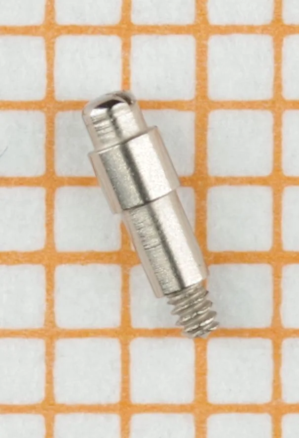 Silberfarbene Aufzugswelle für Armbanduhren aus Metall.