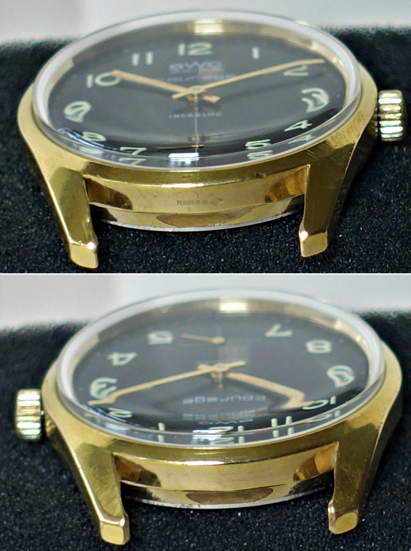 Schwarze Armbanduhr mit goldfarbenem Gehäuse und Leuchtziffern.