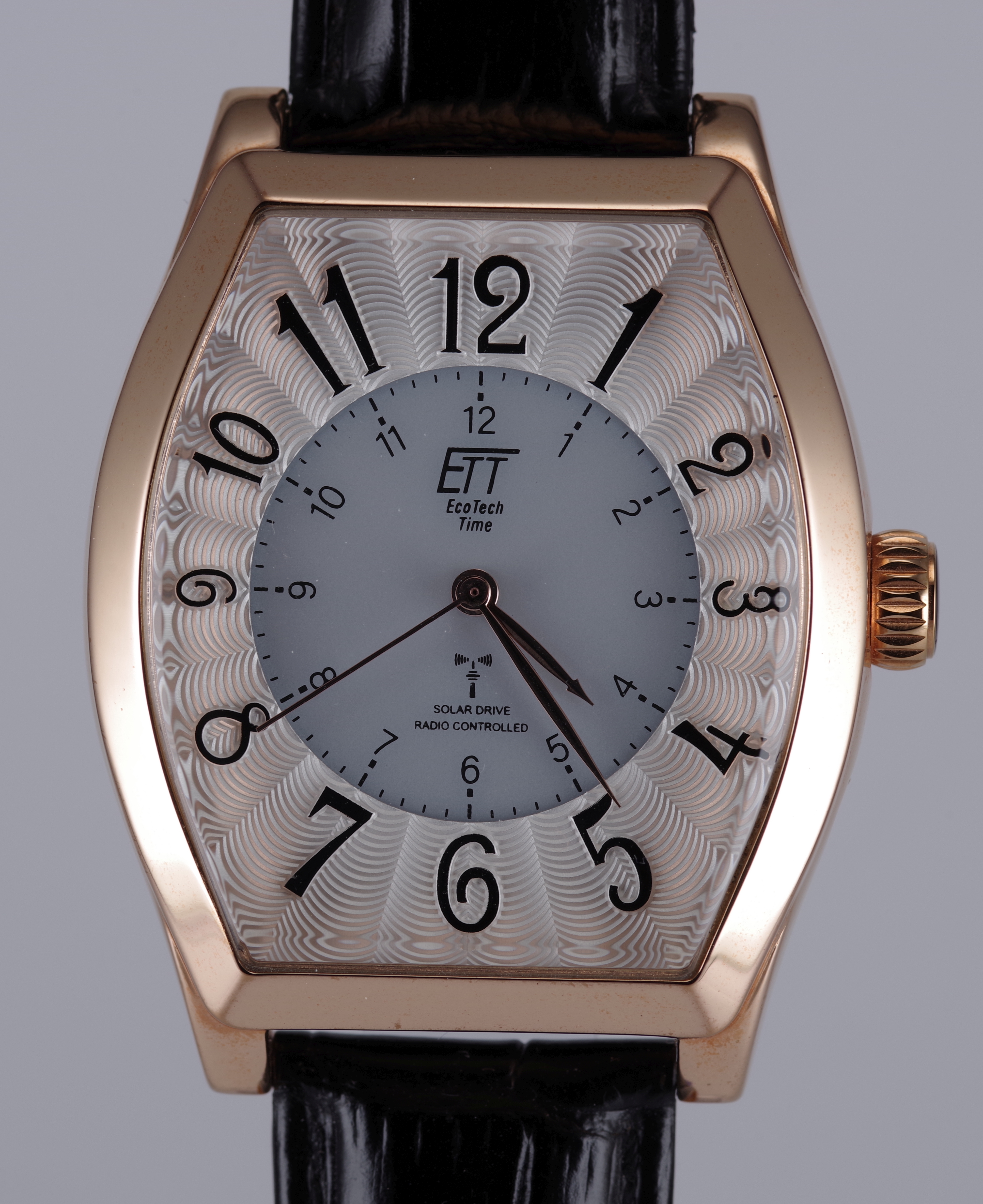 ETT Herren-Armbanduhr Funk Solar Quarz goldfarbenes Gehäuse schwarzes Armband