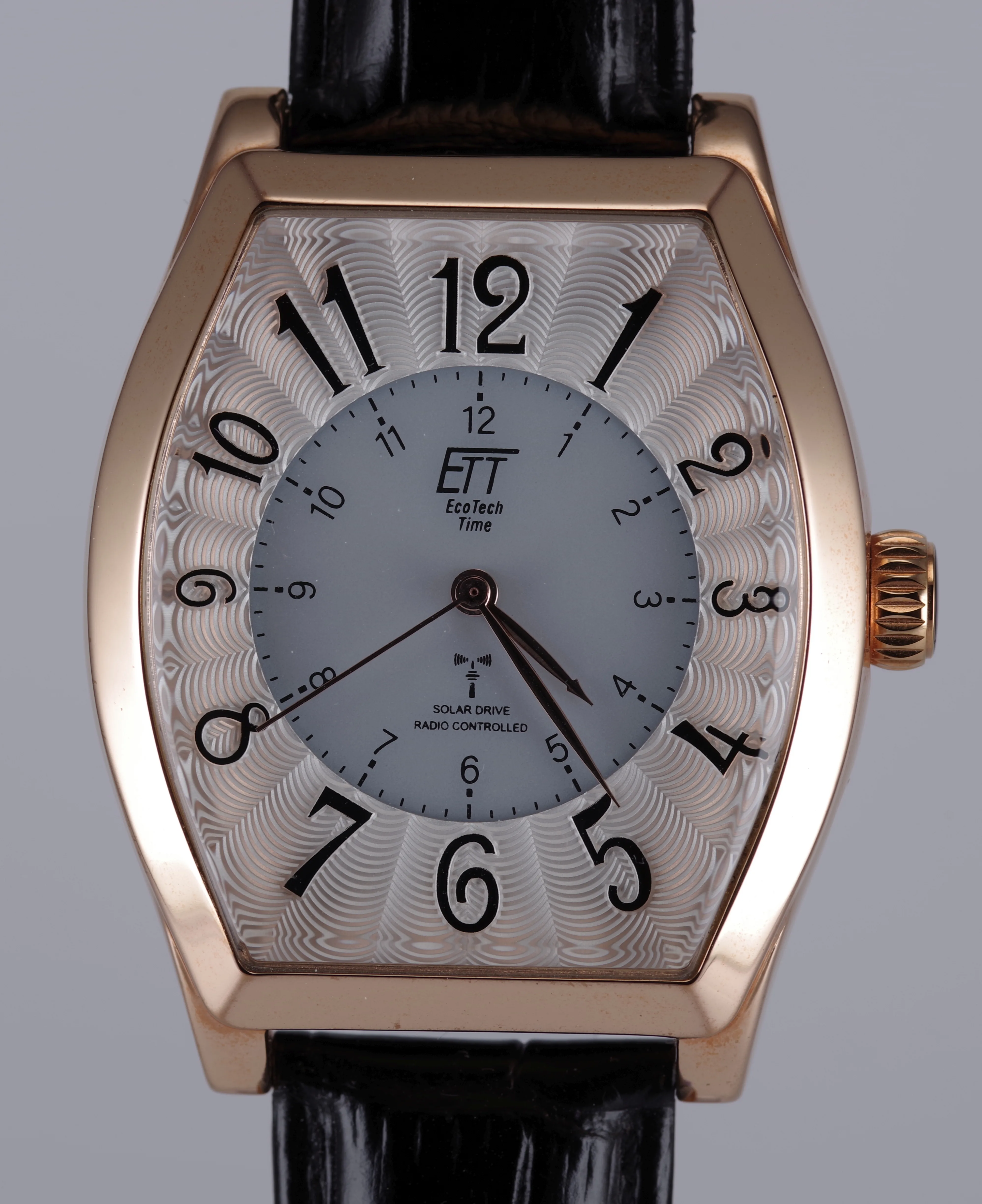 ETT Herren-Armbanduhr Funk Solar Quarz goldfarbenes Gehäuse schwarzes Armband
