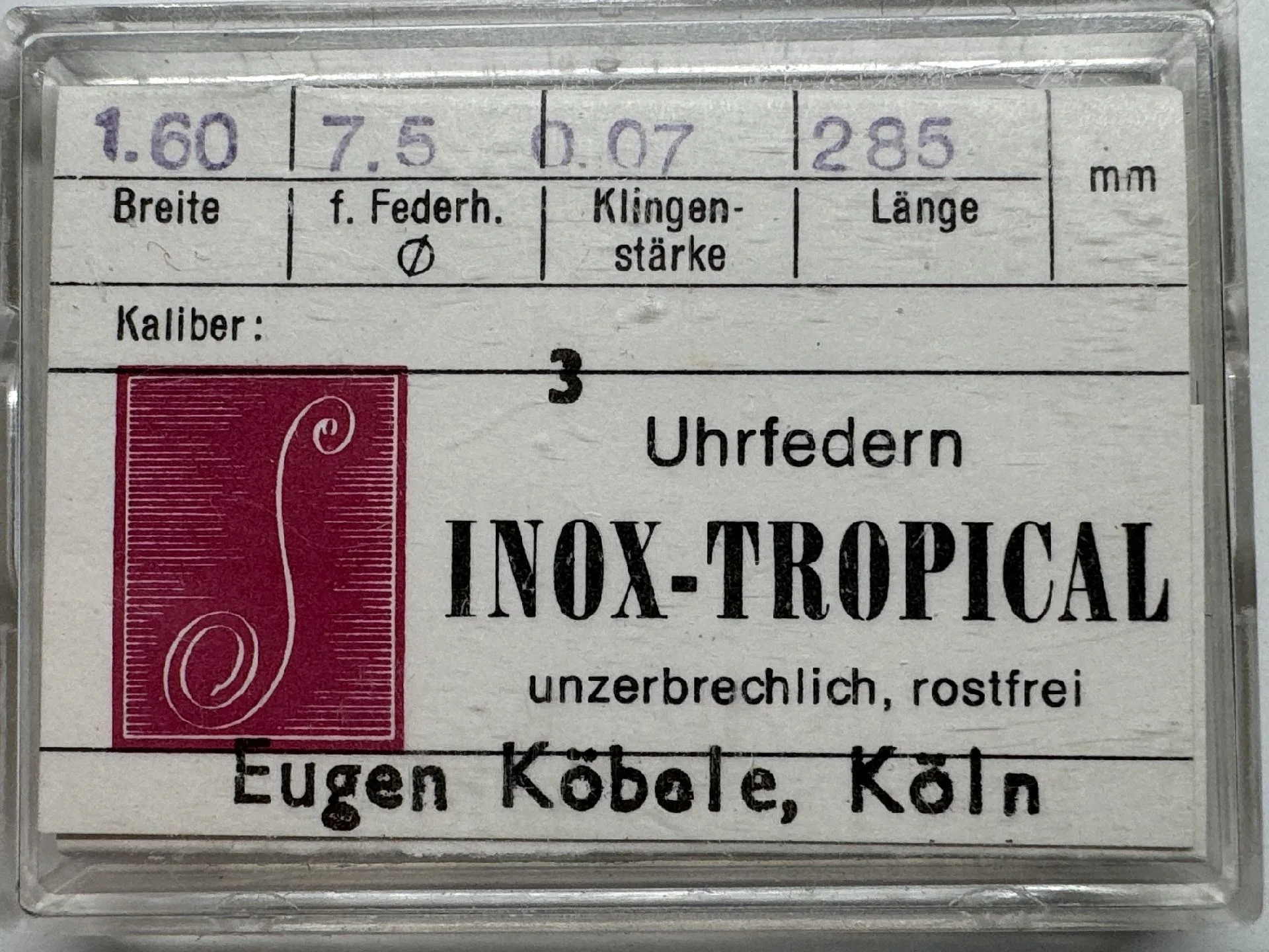 Uhrfeder INOX-TROPICAL Verpackung mit drei silberfarbenen Uhrfedern der Marke INOX-TROPICAL für Armbanduhren.