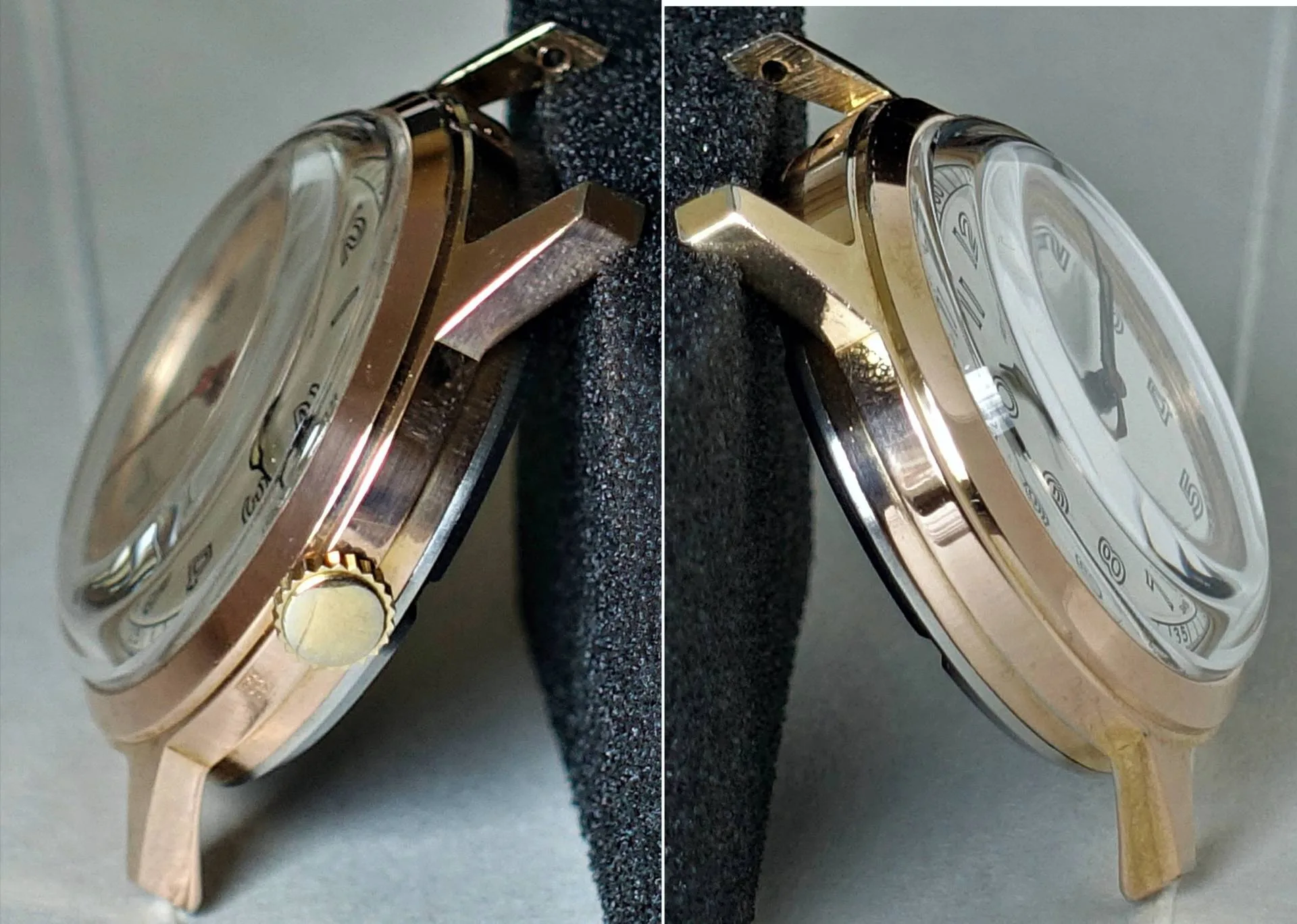Goldfarbenes Gehäuse einer Armbanduhr mit weißem Zifferblatt und gewölbtem Glas.