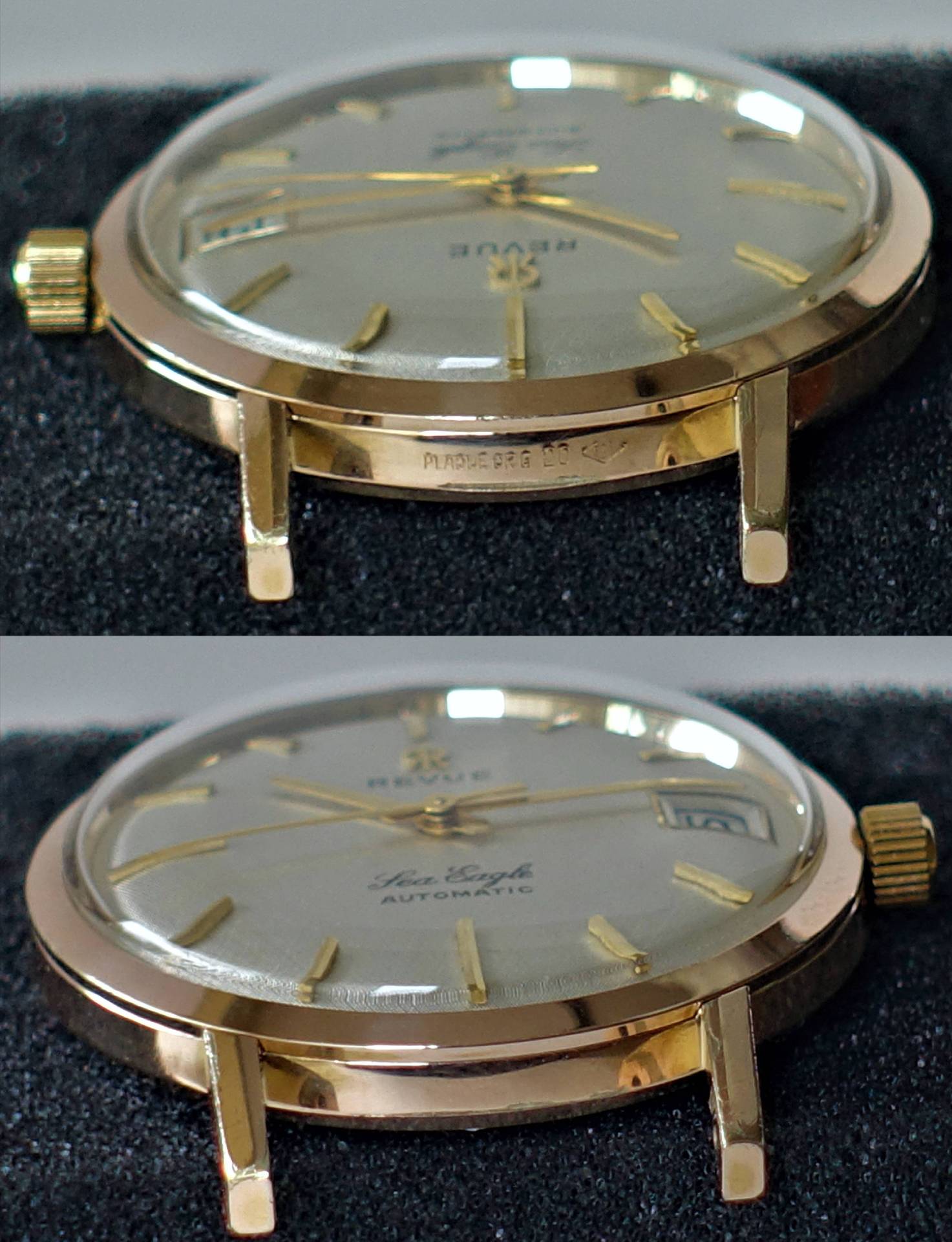Flache, goldfarbene Armbanduhr mit silberfarbenem Zifferblatt, goldenen Indizes und Datumsanzeige.