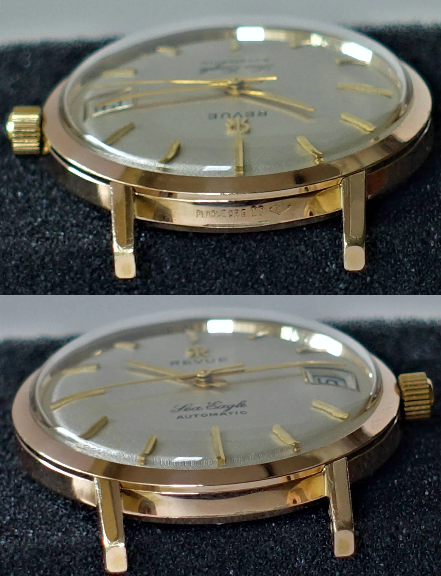 Goldfarbene Armbanduhr Automatik Flache, goldfarbene Armbanduhr mit silberfarbenem Zifferblatt, goldenen Indizes und Datumsanzeige.