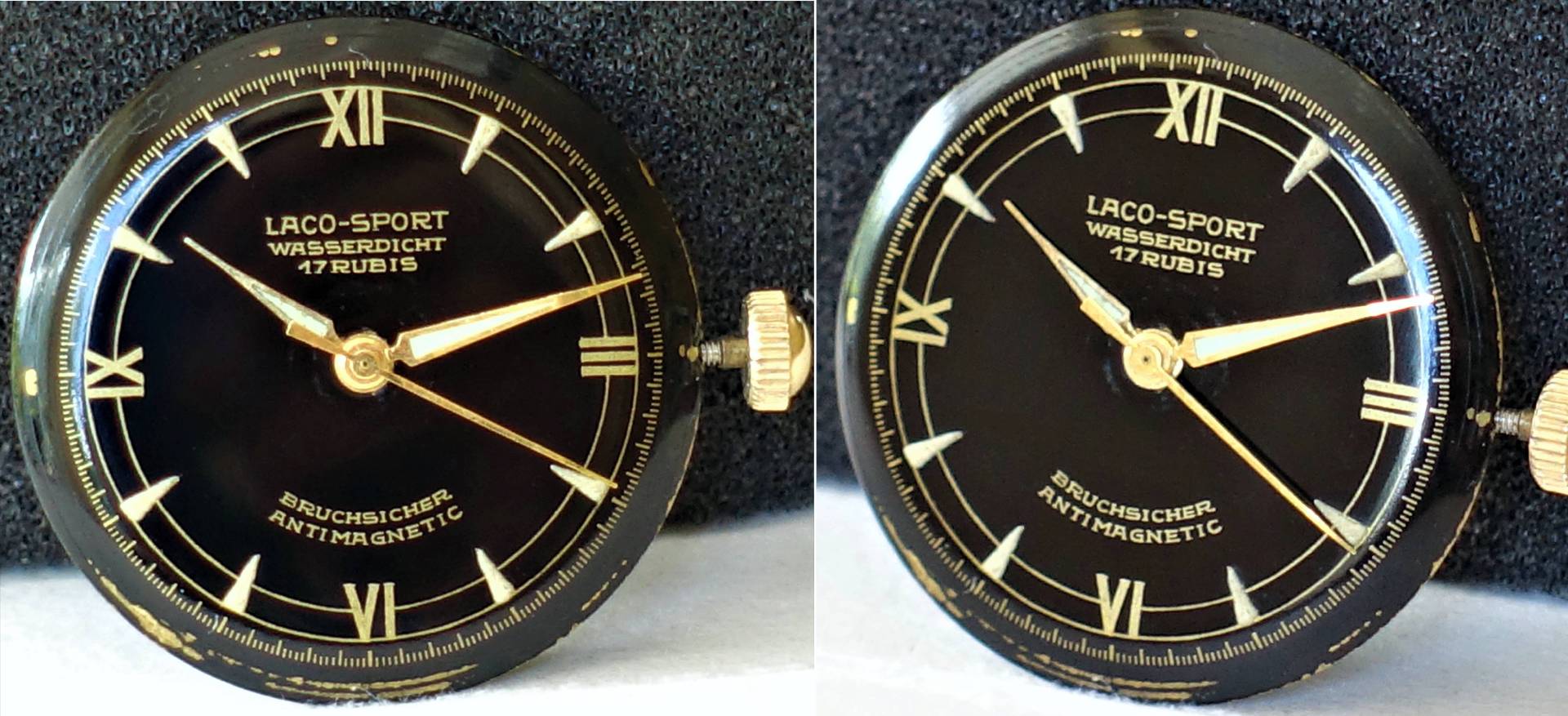 Schwarze Armbanduhr mit goldfarbenen Zeigern und römischen Ziffern, Aufschrift "Laco-Sport wasserdicht 17 Rubis bruchsicher antimagnetic".