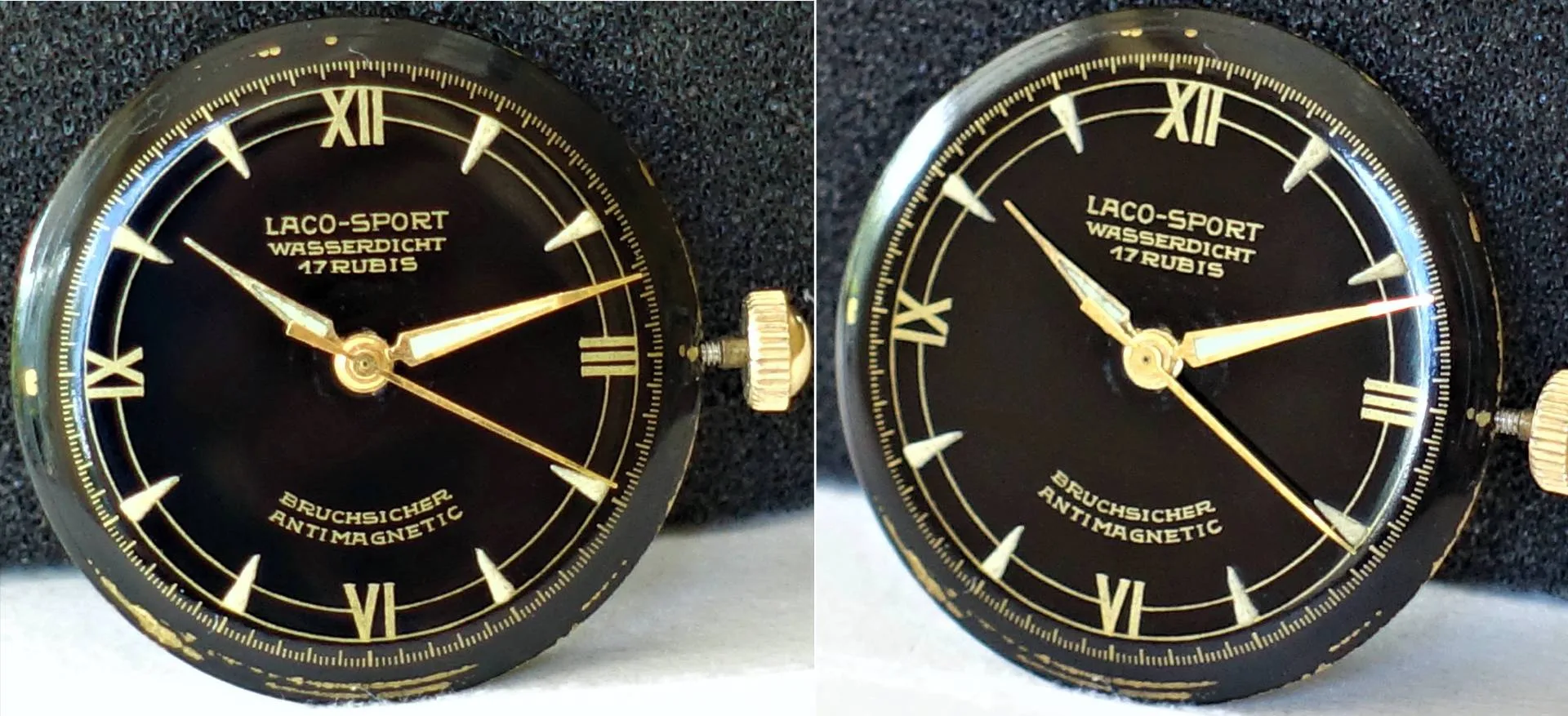 Schwarze Armbanduhr mit goldfarbenen Zeigern und römischen Ziffern, Aufschrift "Laco-Sport wasserdicht 17 Rubis bruchsicher antimagnetic".