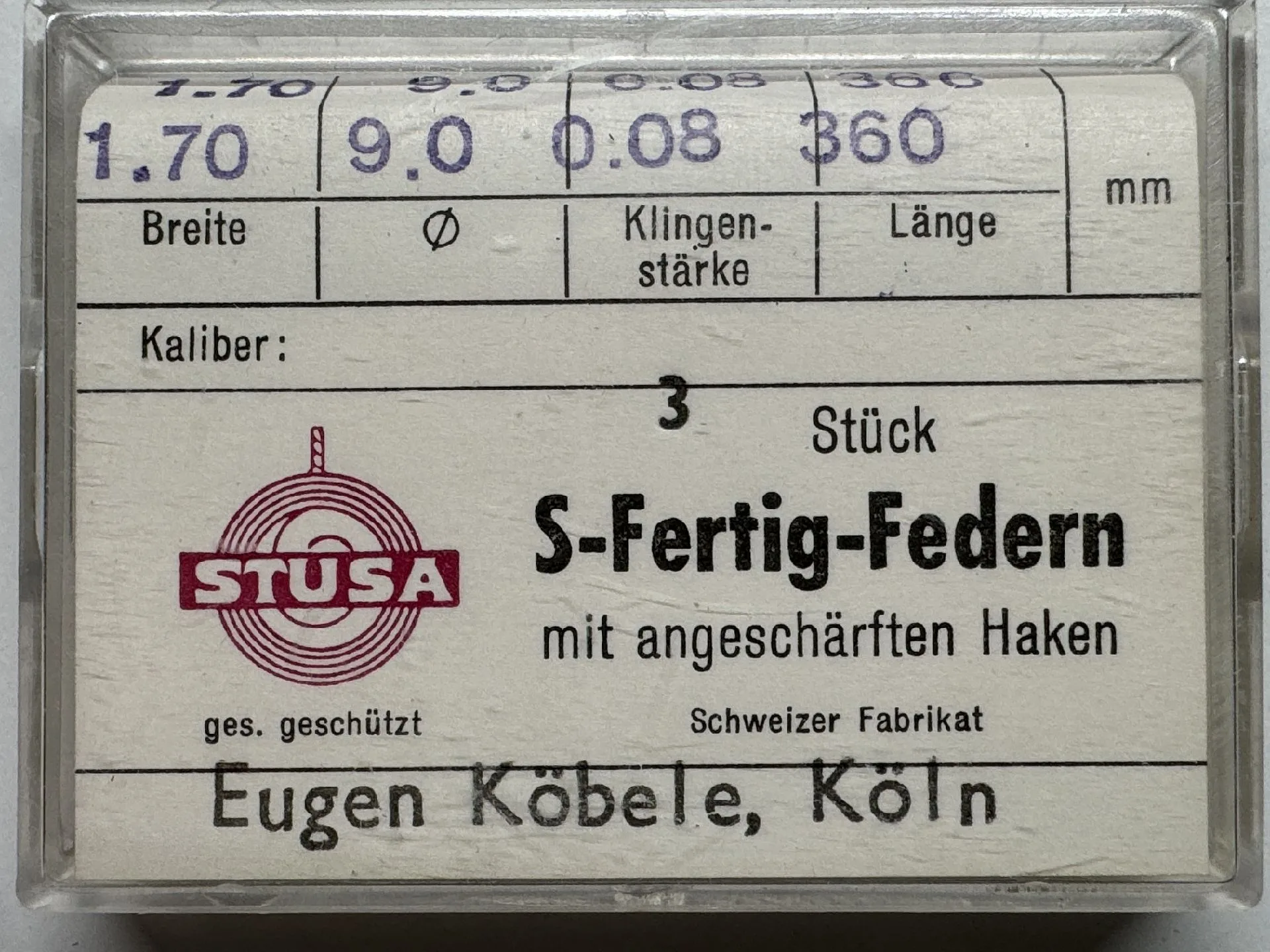 Verpackung mit drei Uhrwerksfedern der Marke STUSA für Uhrenreparatur.