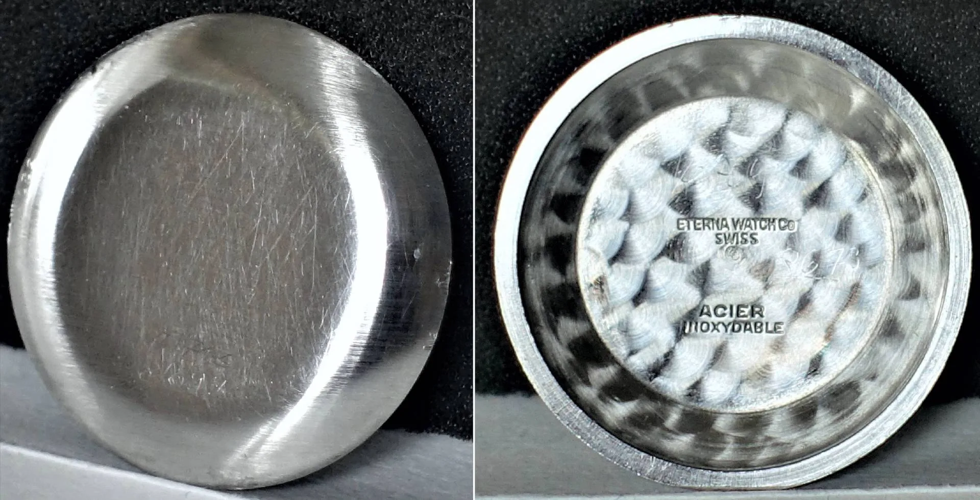 Silberfarbener Eterna Uhrenbodendeckel innen Zwei Ansichten eines silberfarbenen Uhrenbodendeckels, außen gebürstet und innen mit Gravuren der Marke Eterna Watch Co Swiss sowie der Materialangabe acier inoxydable.
