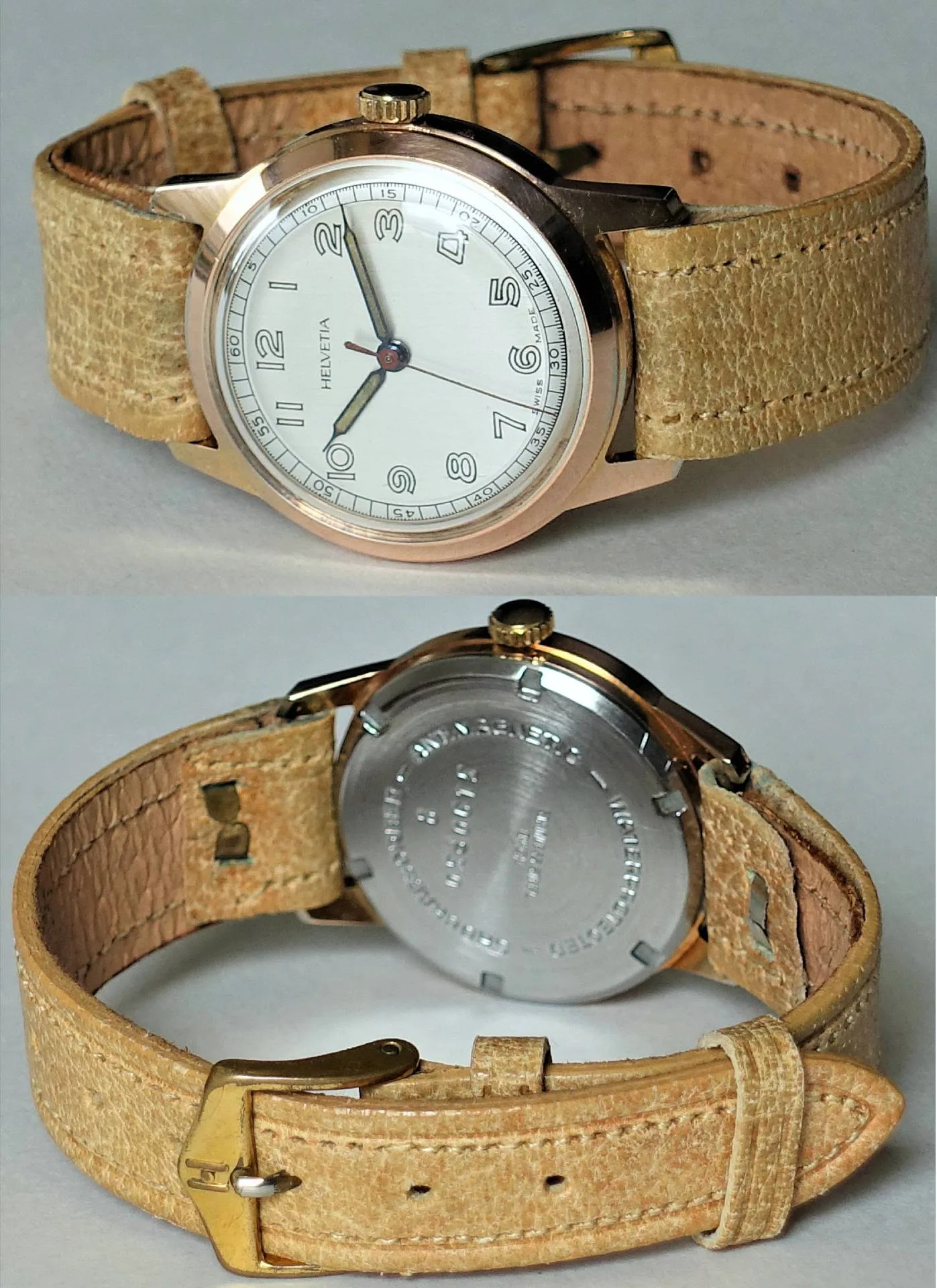 Klassische Armbanduhr mit beigem Lederarmband und hellem Zifferblatt.