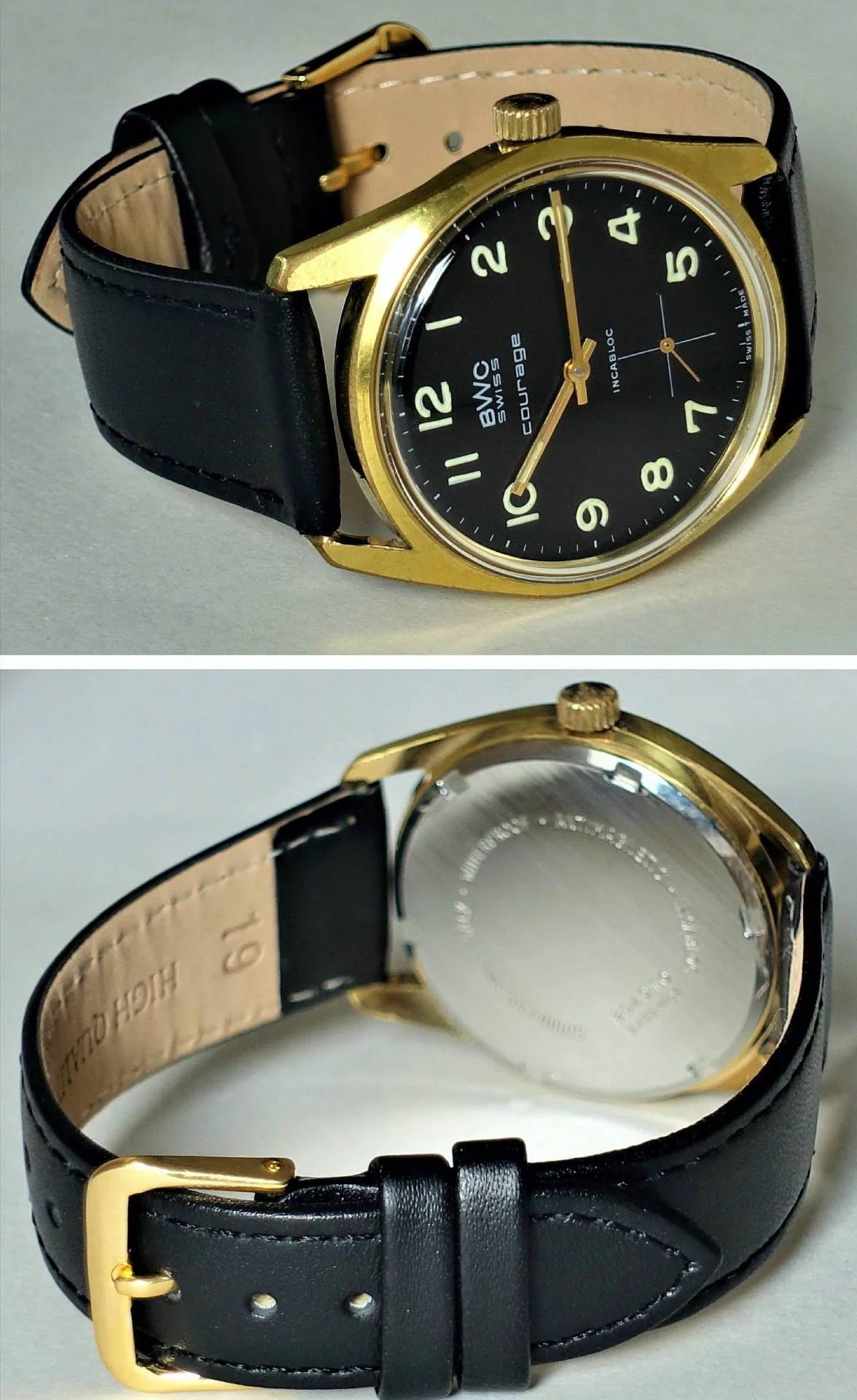 Schwarze Armbanduhr mit goldfarbenem Gehäuse und schwarzem Lederarmband.