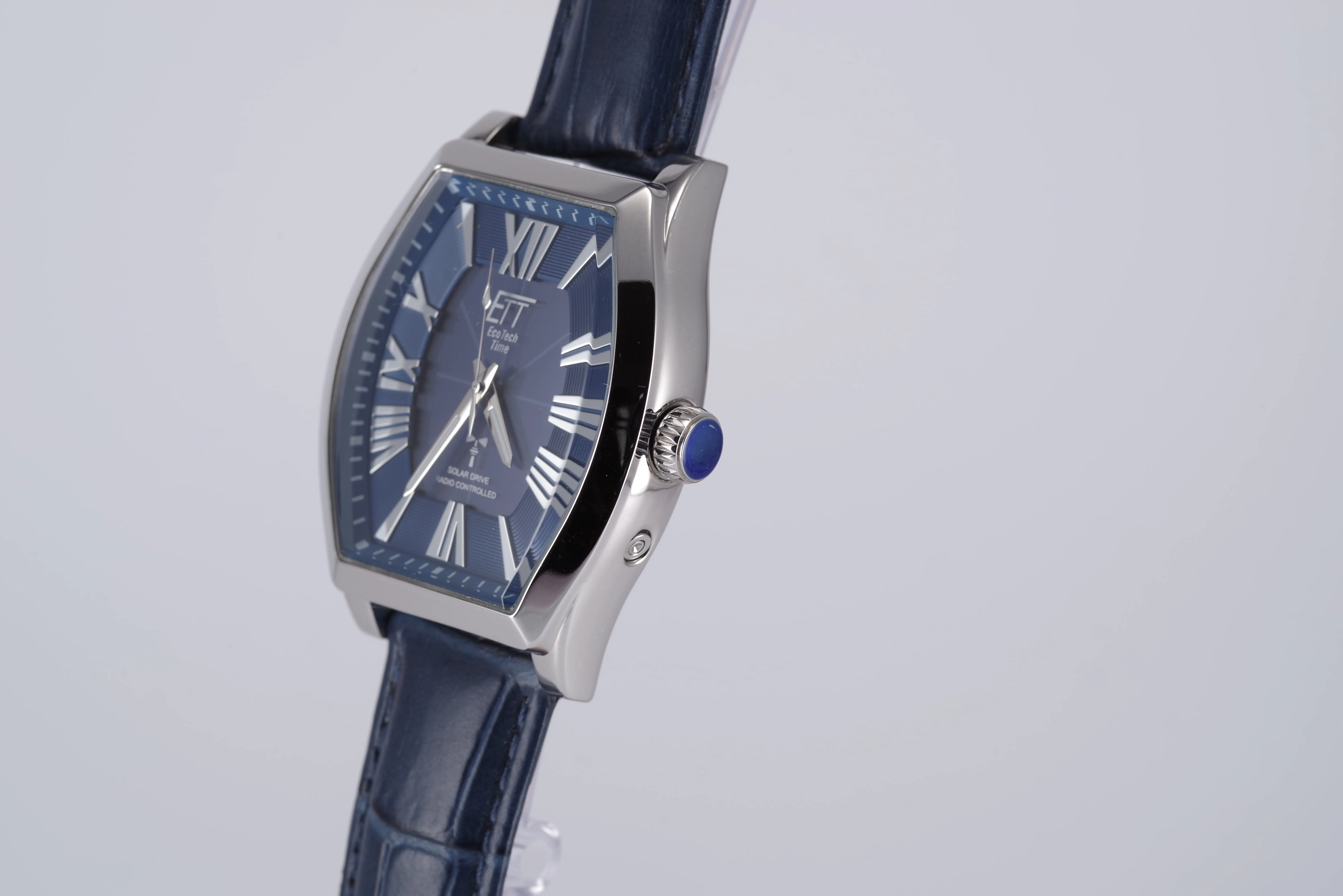 ETT Herren-Armbanduhr Funk Solar Quarz blaues Ziffernblatt silberfarbenes Gehäuse blaues Armband