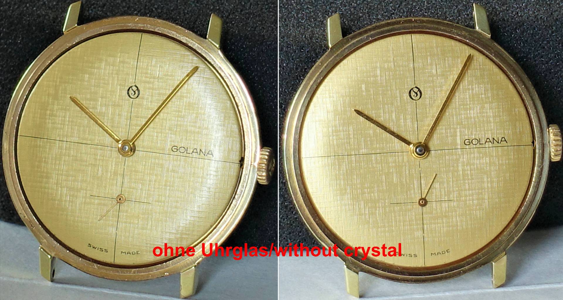 Goldfarbene Armbanduhr ohne Uhrglas mit schlichtem Zifferblatt und drei Zeigern.