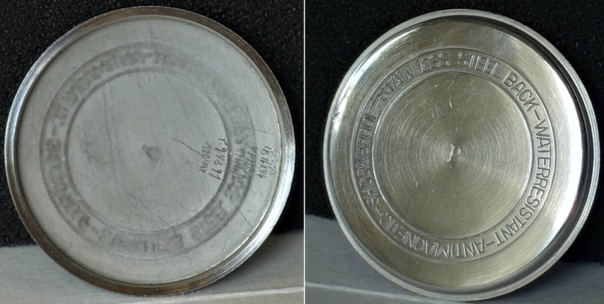 Runder silberfarbener Gehäuseboden für Armbanduhren, mit Prägung auf der Außenseite.