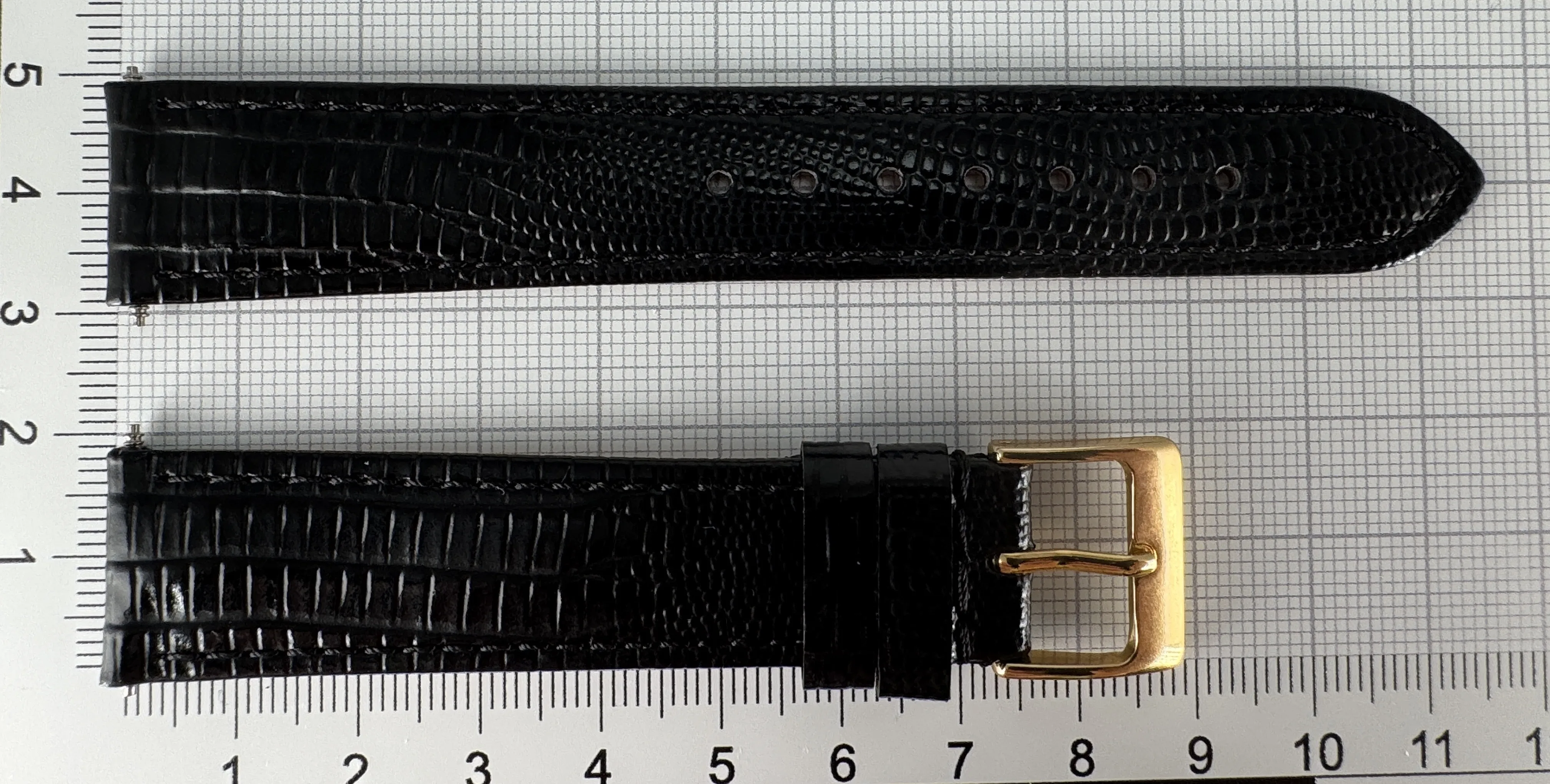 Uhrenarmband Leder 18mm schwarz - Kalbsleder mit Eidechsenstruktur - 16mm vergoldet Uhrenarmband Leder 18mm schwarz - Kalbsleder mit Eidechsenstruktur - 16mm vergoldet