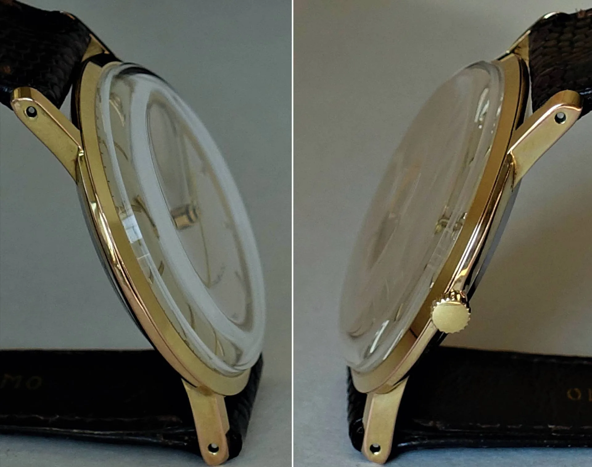 Armbanduhr goldfarben Flache Armbanduhr mit goldfarbenem Gehäuse, schwarzem Armband und transparenter Abdeckung.
