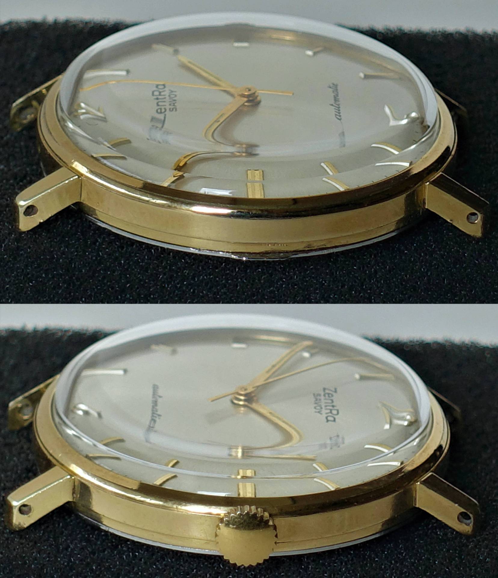 Flache Armbanduhr mit goldfarbenem Gehäuse und hellem Zifferblatt.