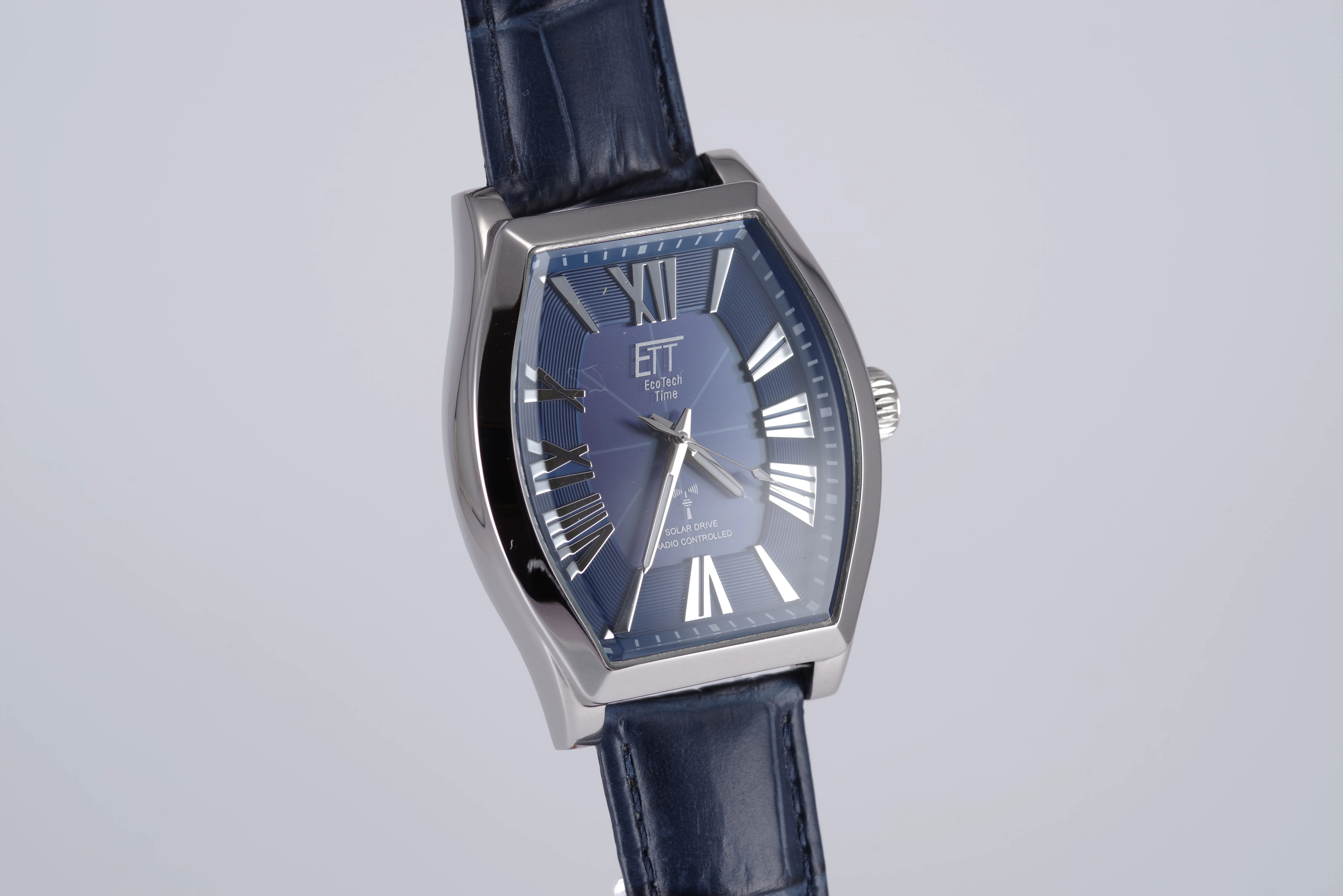 ETT Herren-Armbanduhr Funk Solar Quarz blaues Ziffernblatt silberfarbenes Gehäuse blaues Armband
