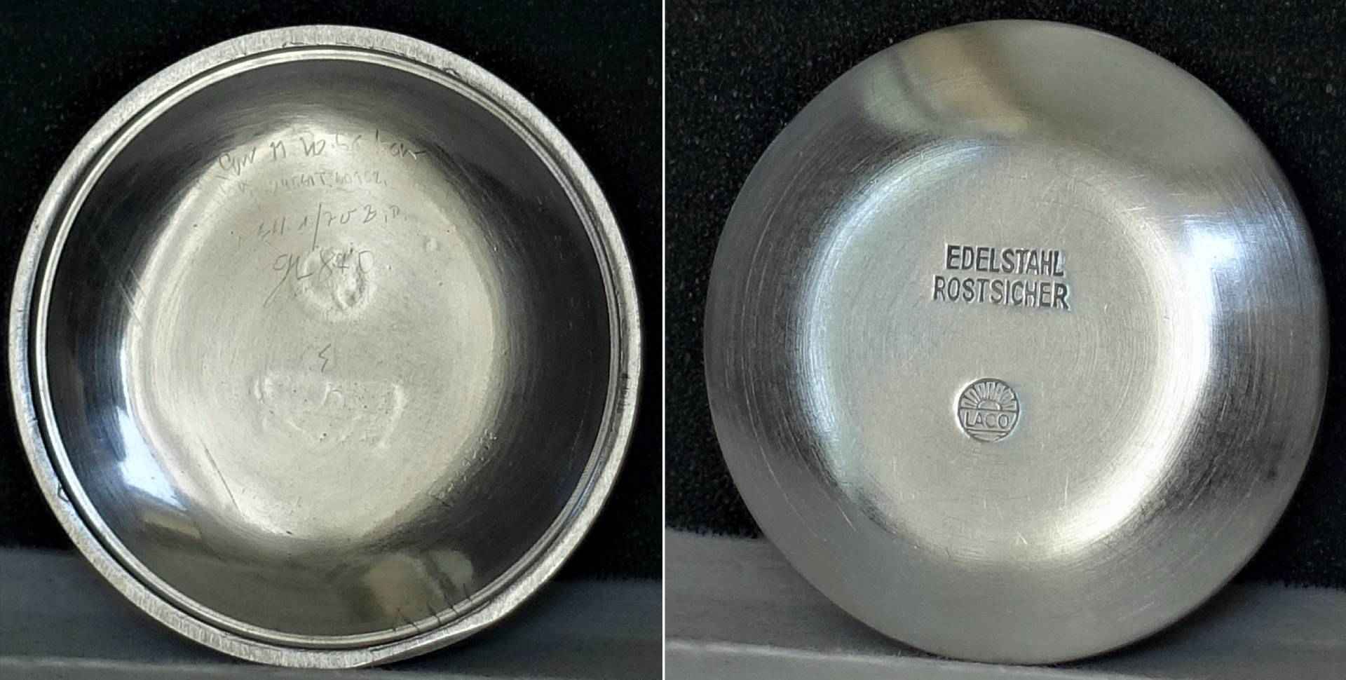 Runder silberfarbener Gehäuseboden aus Edelstahl mit Laco-Prägung und Gravur.