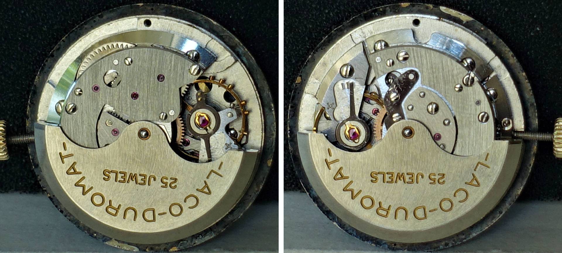 Mechanisches Uhrwerk mit goldfarbener Gravur "Laco-Duromat 25 Jewels" und sichtbaren Zahnrädern.