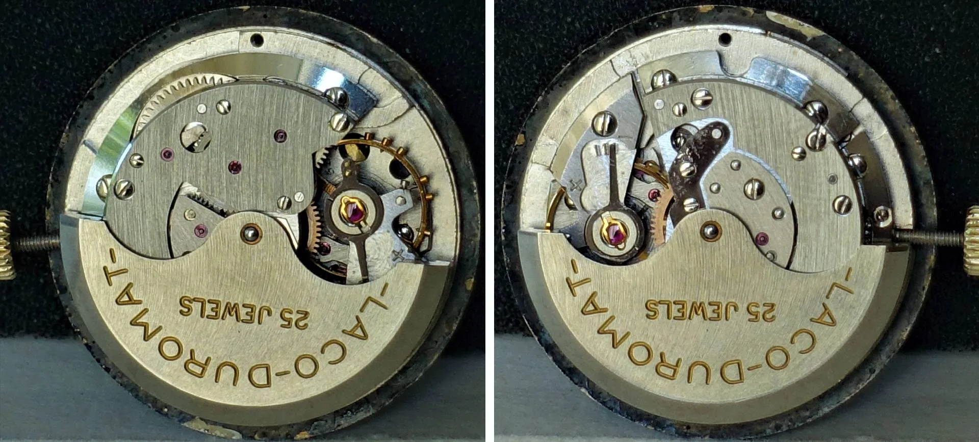 Uhrwerk Laco-Duromat 25 Jewels Mechanisches Uhrwerk mit goldfarbener Gravur "Laco-Duromat 25 Jewels" und sichtbaren Zahnrädern.