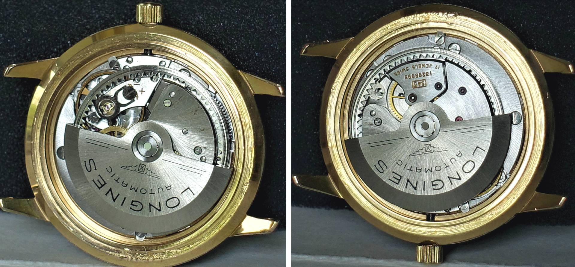 Silberfarbenes Automatik-Uhrwerk in einem goldfarbenen Gehäuse mit sichtbarem Rotor und Gravur "Longines Automatic".