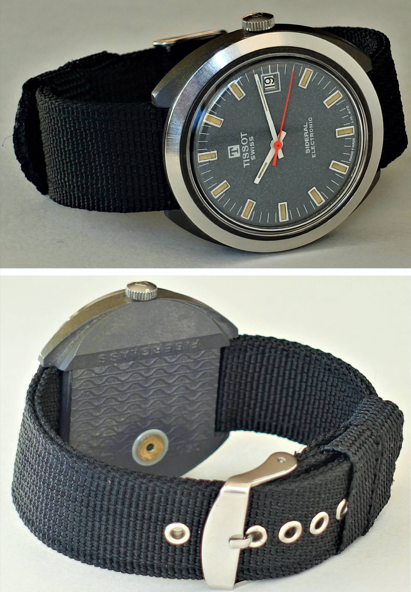 Vintage-Uhr mit schwarzem Textilarmband und rundem silbernem Zifferblatt