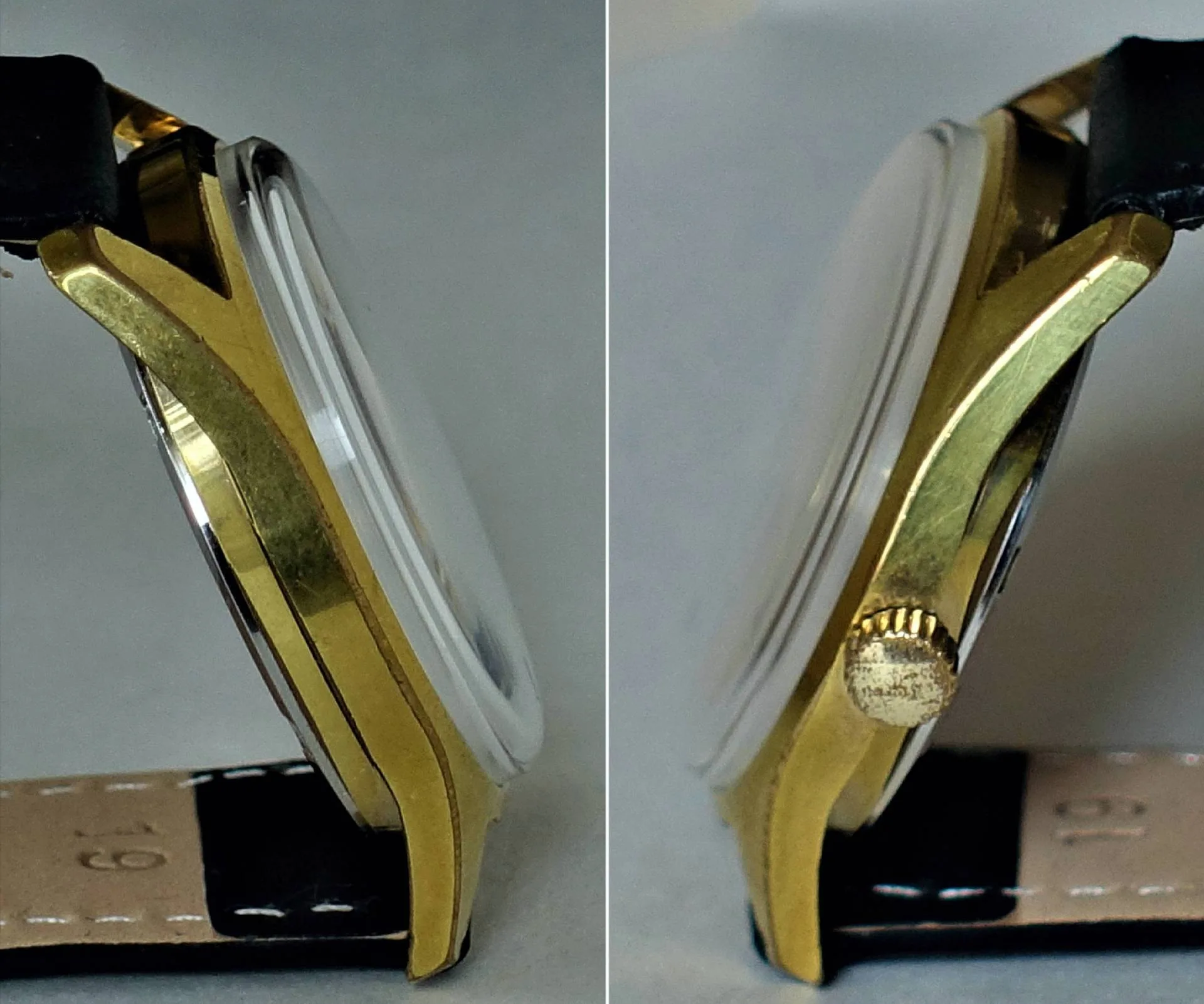 Armbanduhr goldfarben Goldfarbene Armbanduhr mit schwarzem Lederarmband und seitlicher Krone.