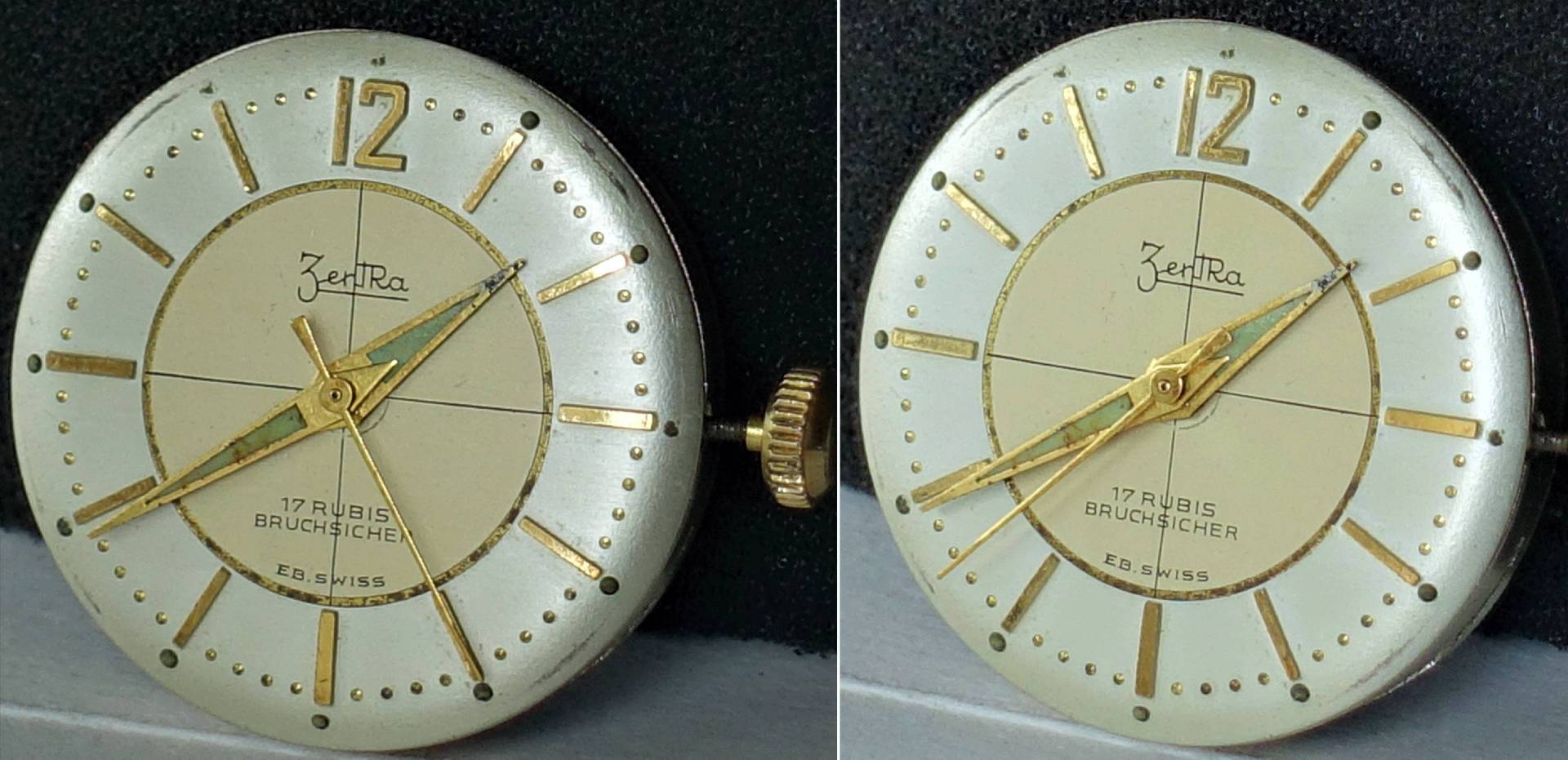 Rundes Zifferblatt in goldfarbener Optik mit goldfarbenen Zeigern und Indizes.