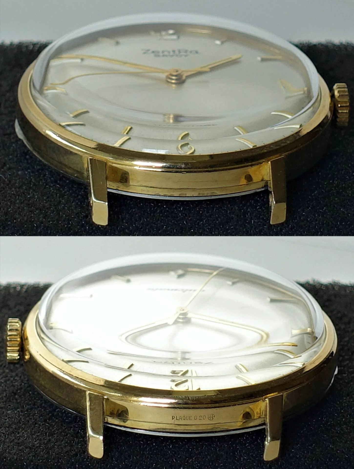 Flache Armbanduhr mit goldfarbenem Gehäuse, weißem Zifferblatt und goldfarbenen Zeigern.