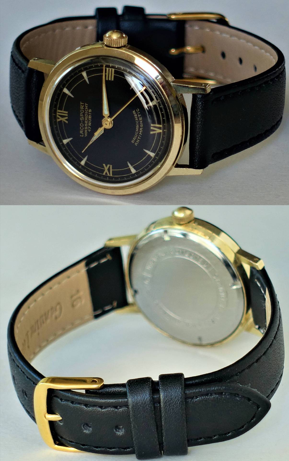 Schwarze Armbanduhr mit goldfarbenem Gehäuse und schwarzem Lederarmband.