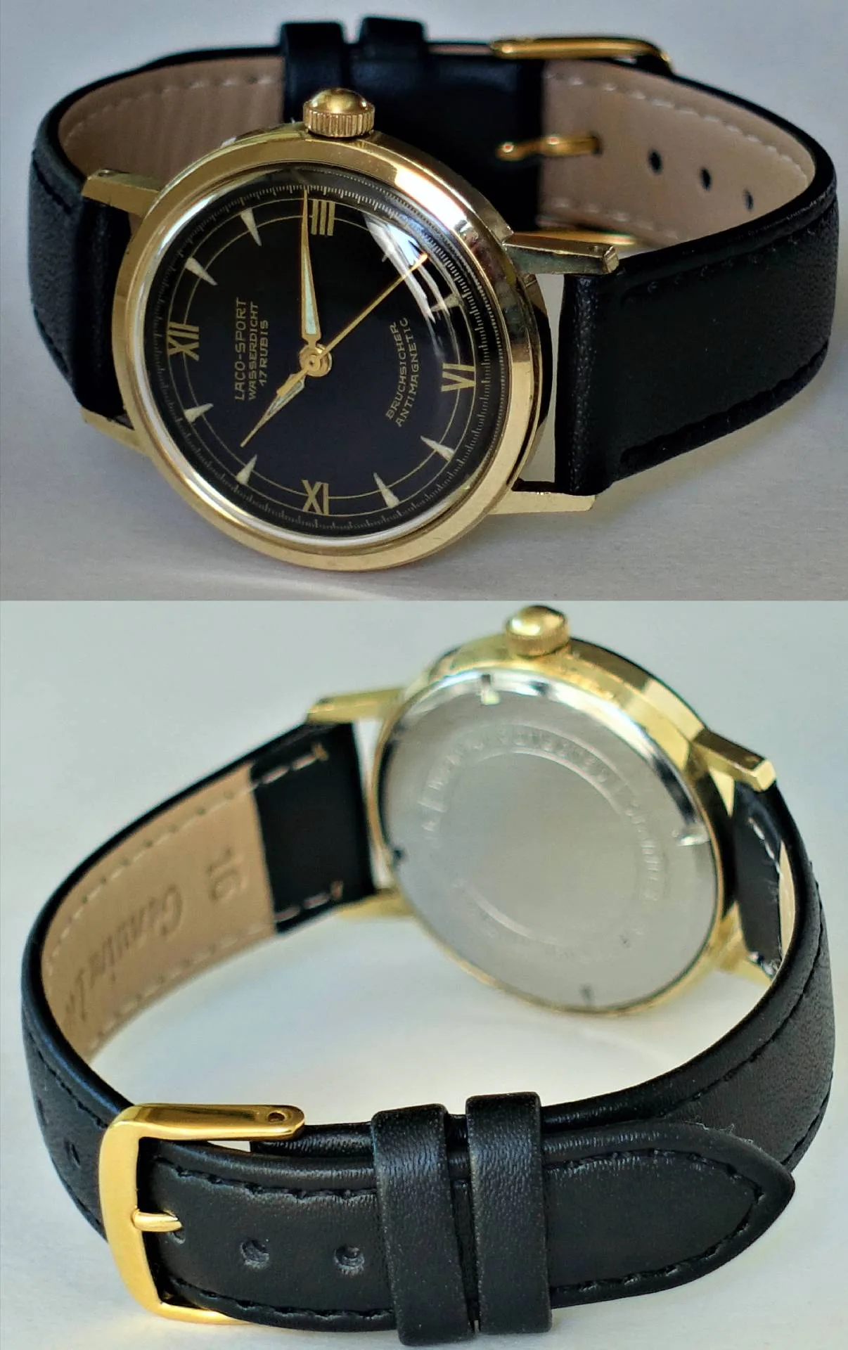 Laco-Sport Armbanduhr schwarz Schwarze Armbanduhr mit goldfarbenem Gehäuse und schwarzem Lederarmband.