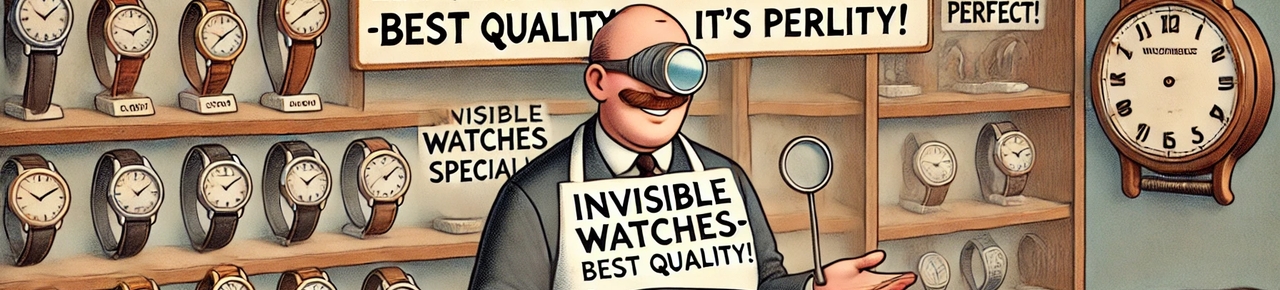 Bannerillustration: Watcherie, B-Ware, KI-generiert (DALL-E) KI-generierte Darstellung der B-Ware einer stilisierten Uhrengeschäft-Ansicht (fiktional)