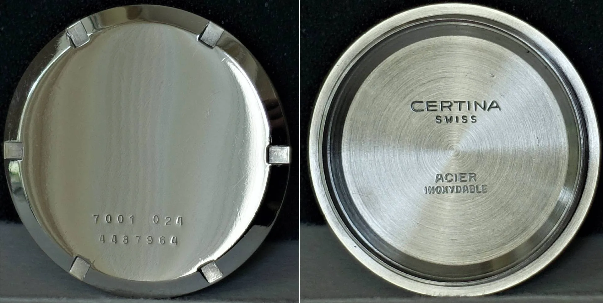 Silberfarbener Uhrenboden aus Metall mit Certina-Prägung und Gravur auf der Innenseite.