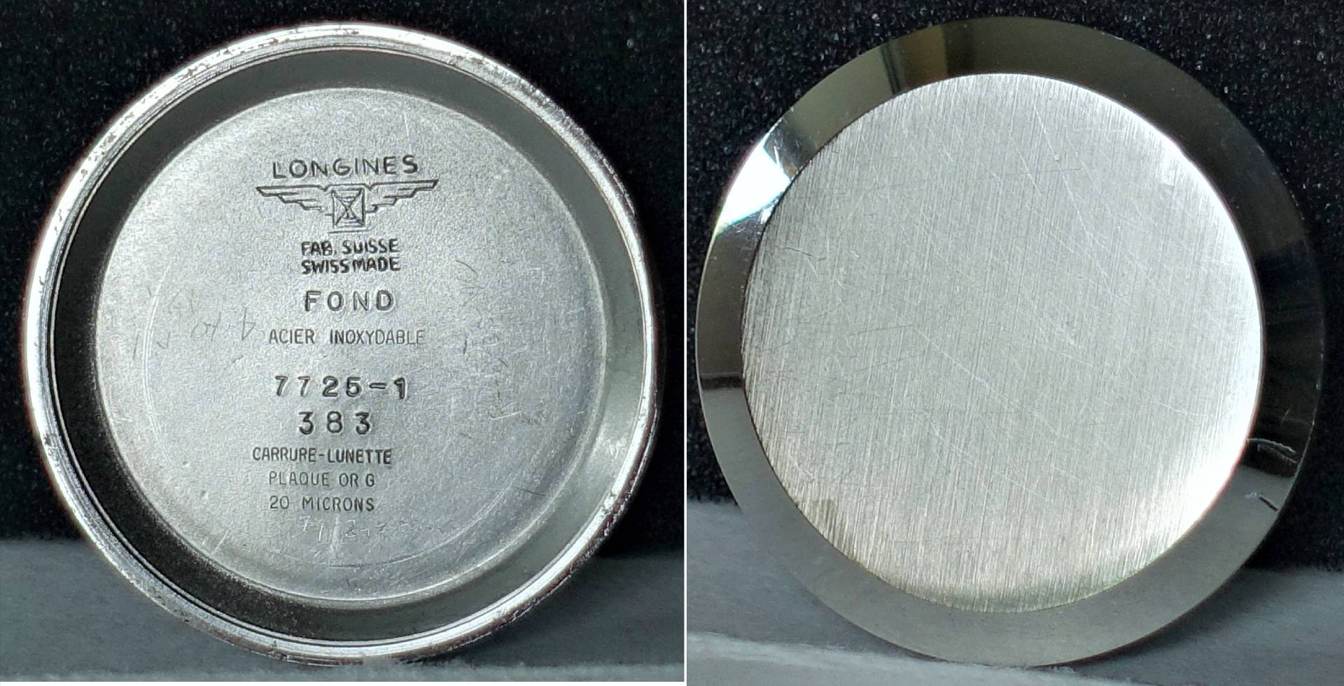 Silberfarbener Gehäuseboden für Longines Armbanduhren aus Metall, mit Prägung auf der Innenseite.