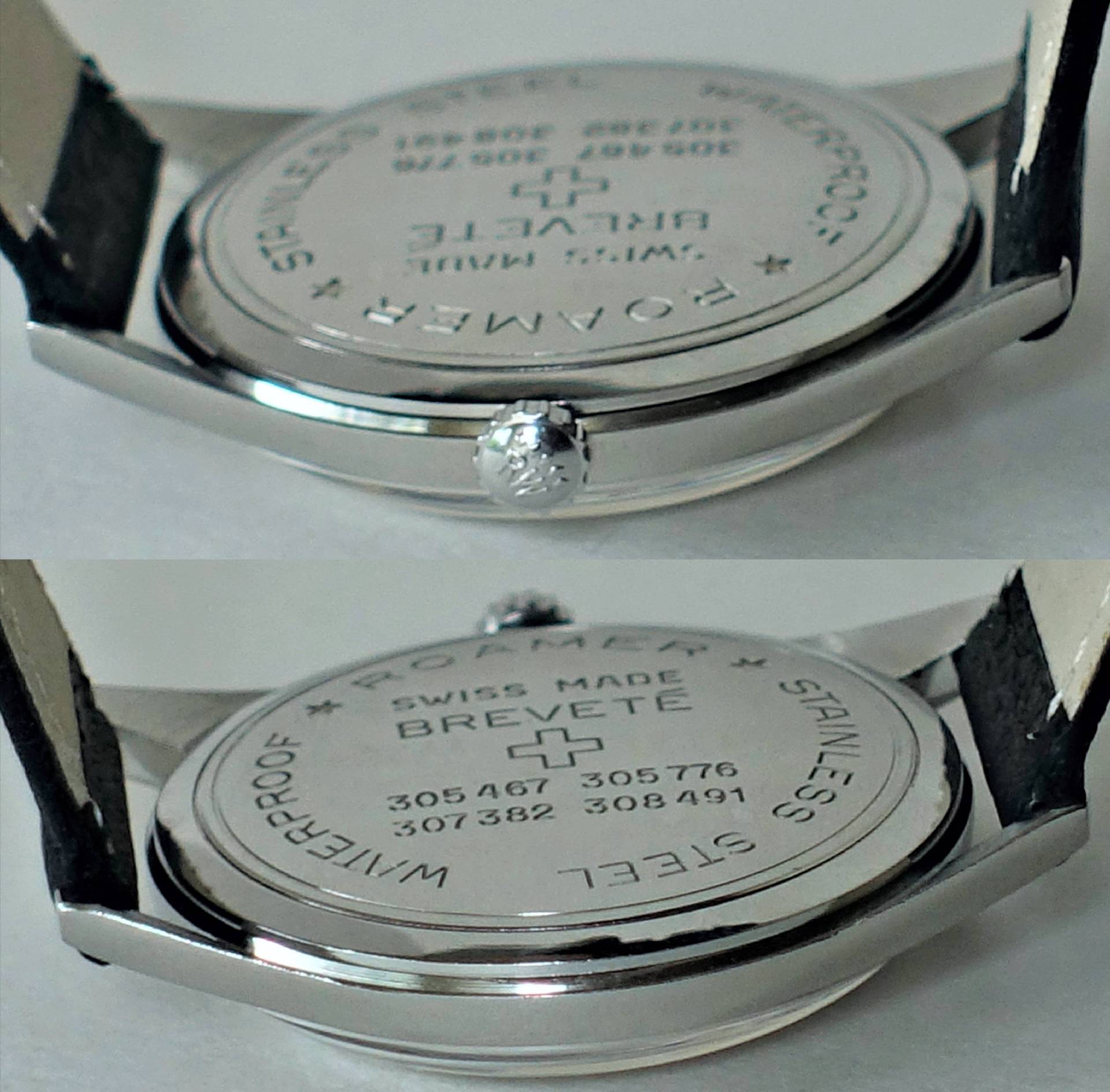 Silberfarbener Gehäuseboden aus Edelstahl einer Roamer Armbanduhr mit Gravur und Schweizer Kreuz.
