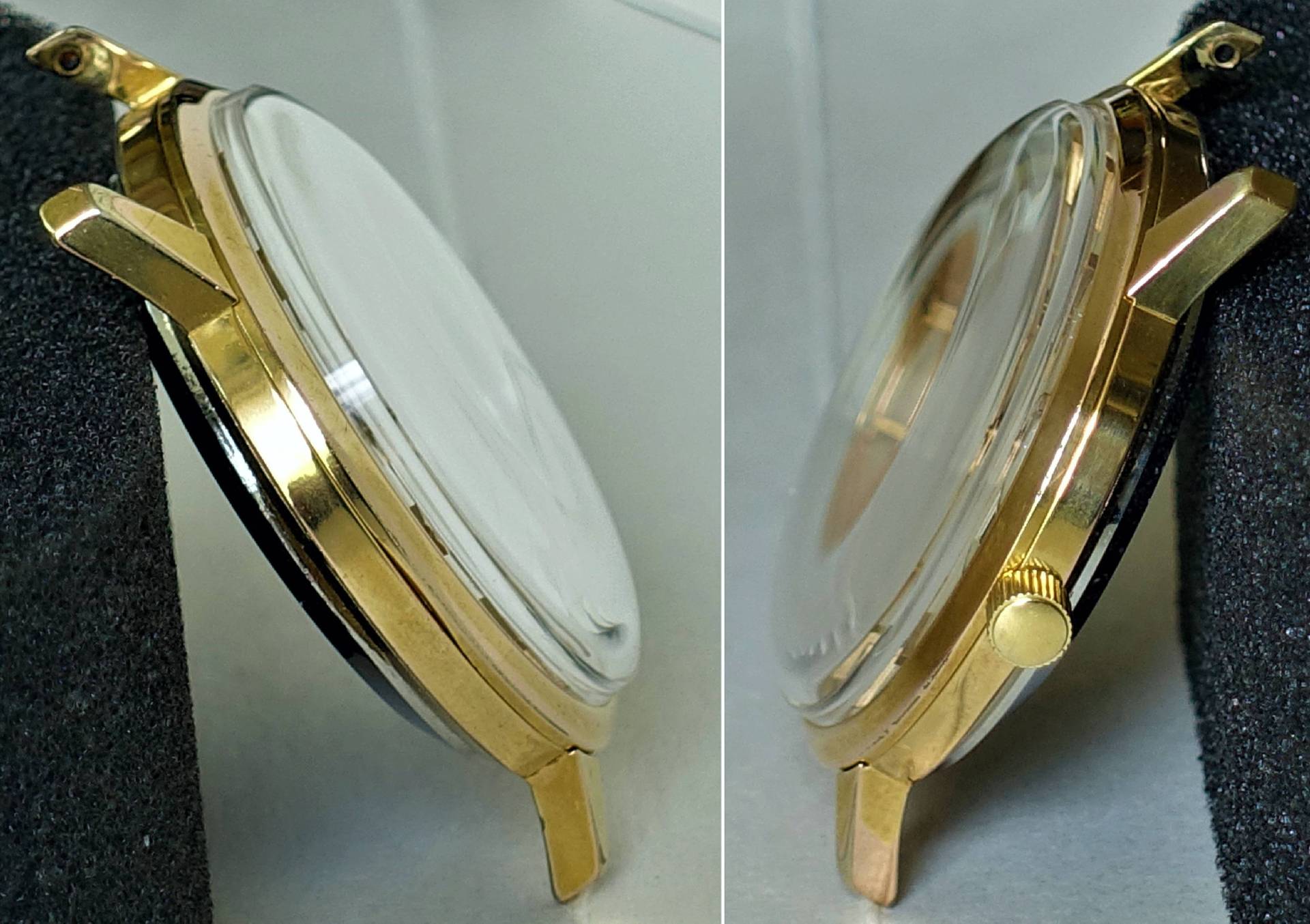 Goldfarbenes Uhrgehäuse mit transparenter Abdeckung und seitlicher Krone.