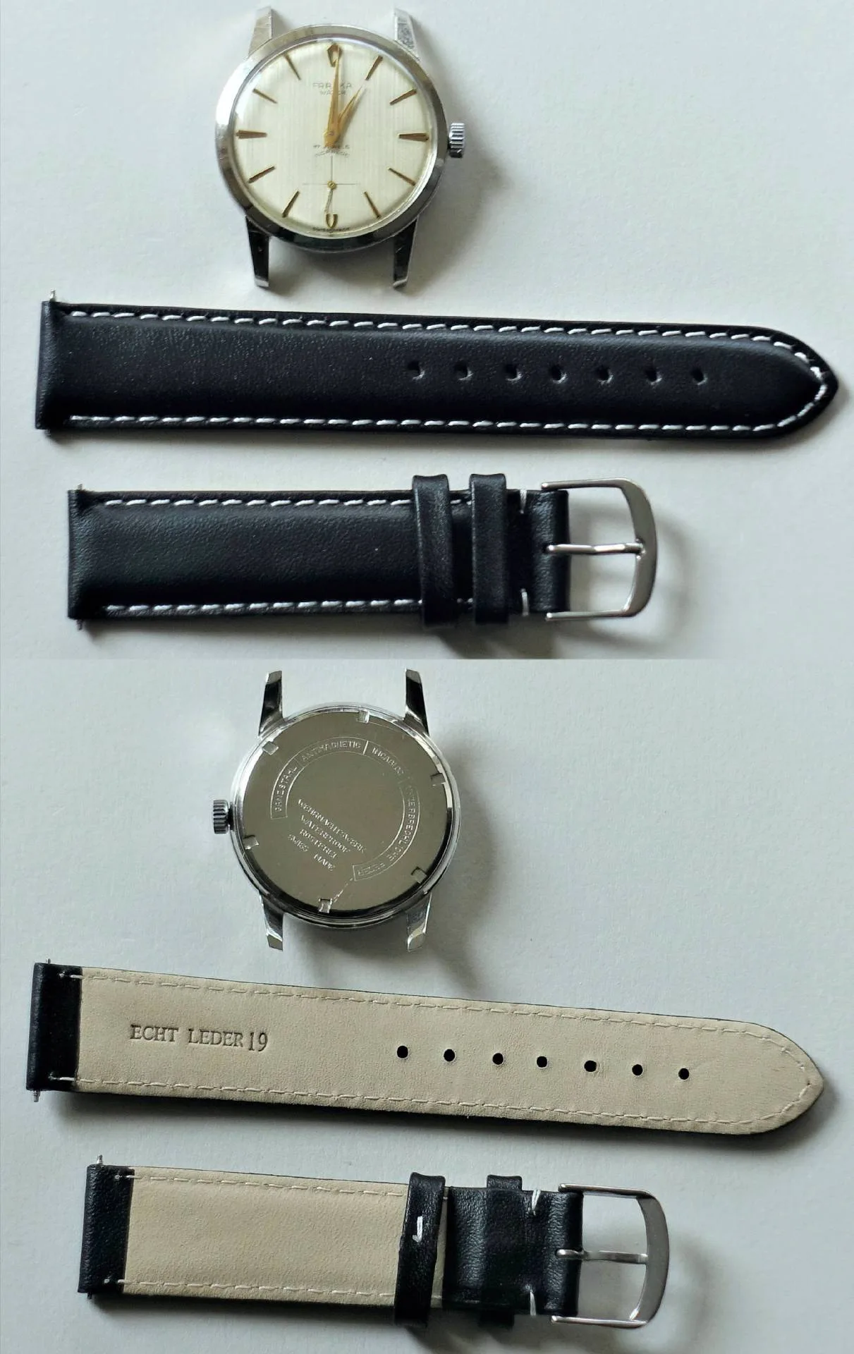 Silberfarbene Armbanduhr mit hellem Zifferblatt und goldfarbenen Zeigern, daneben ein schwarzes Lederarmband mit weißer Naht.