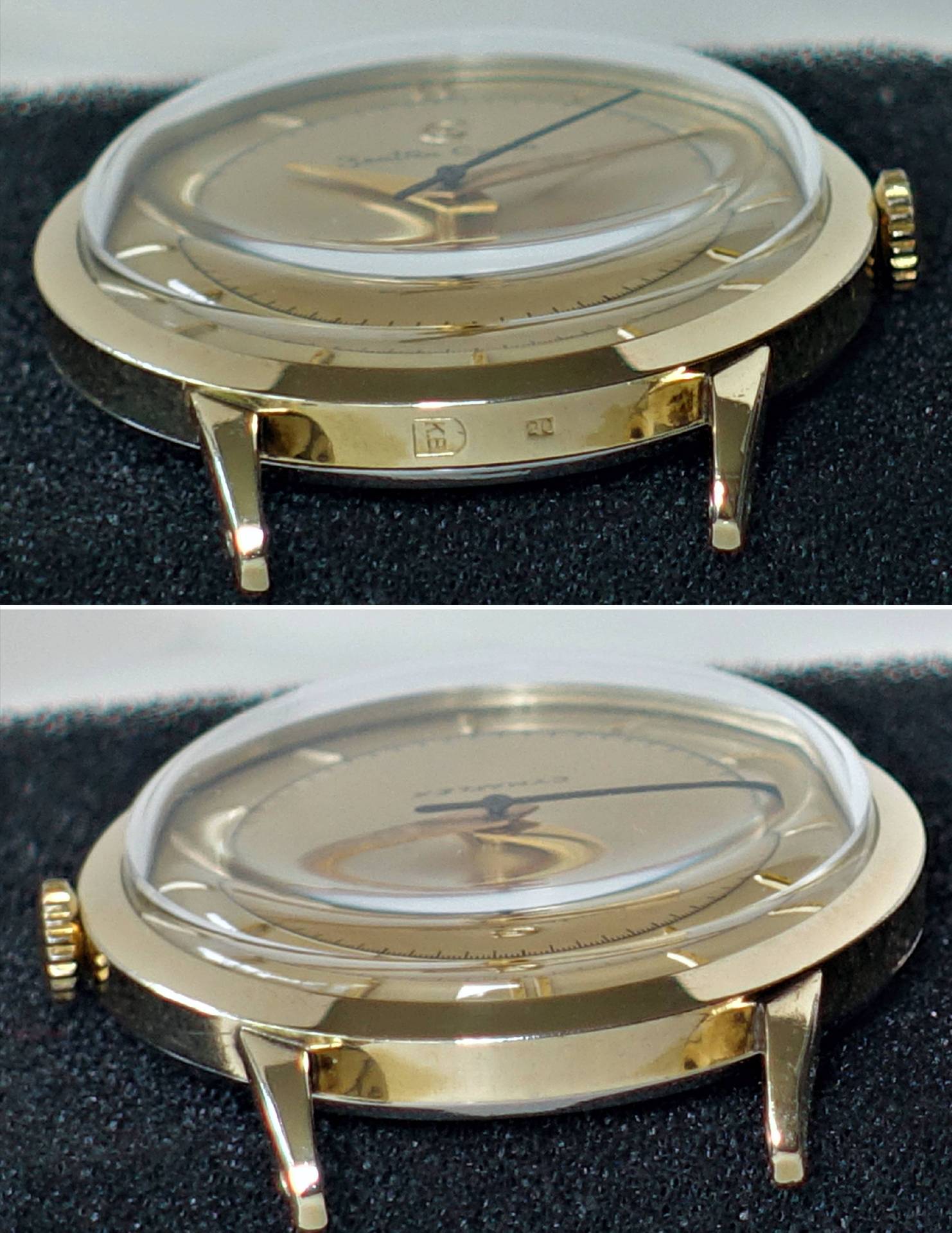 Goldfarbene Armbanduhr mit gewölbtem Glas und goldfarbenem Zifferblatt.