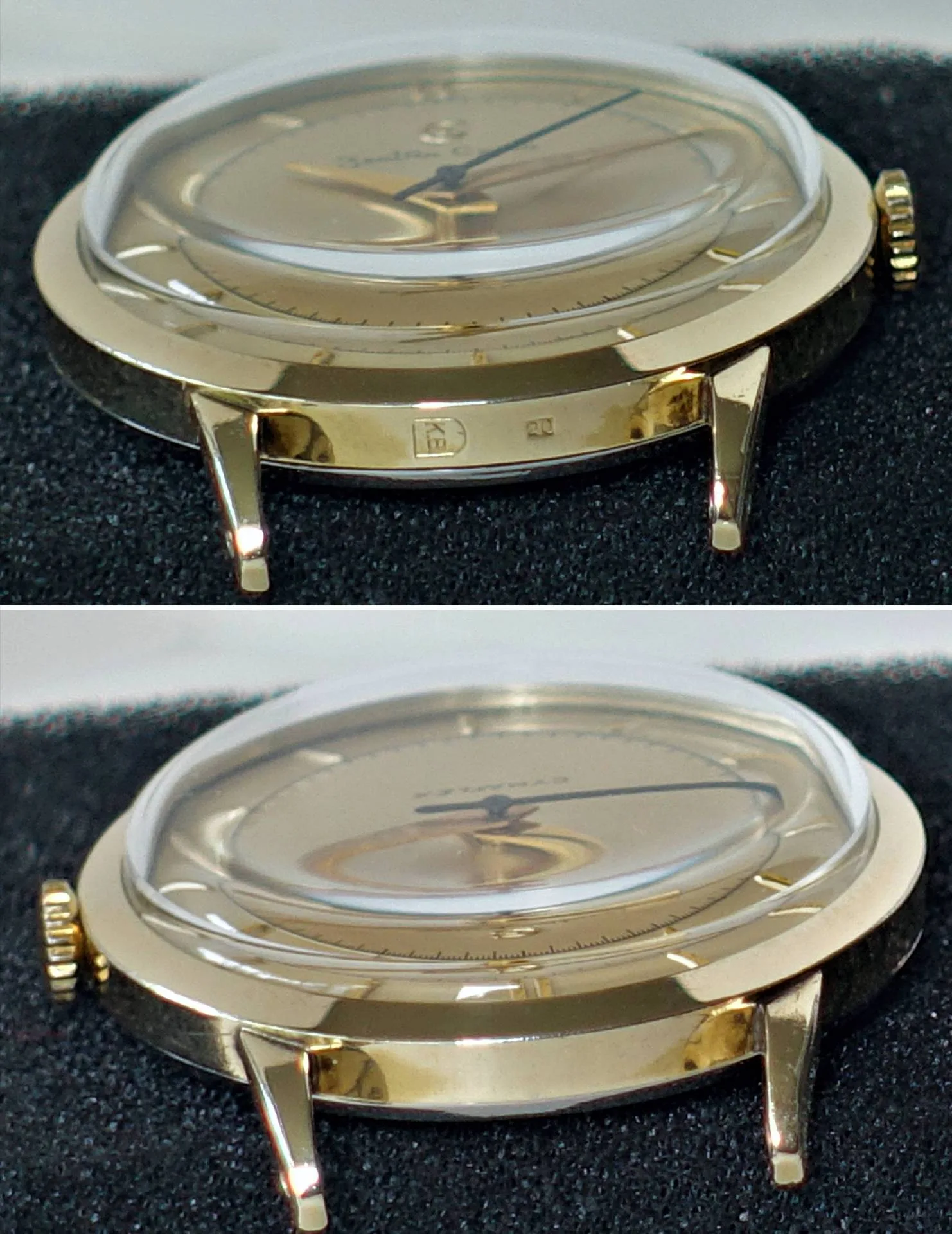 Armbanduhr goldfarben Goldfarbene Armbanduhr mit gewölbtem Glas und goldfarbenem Zifferblatt.