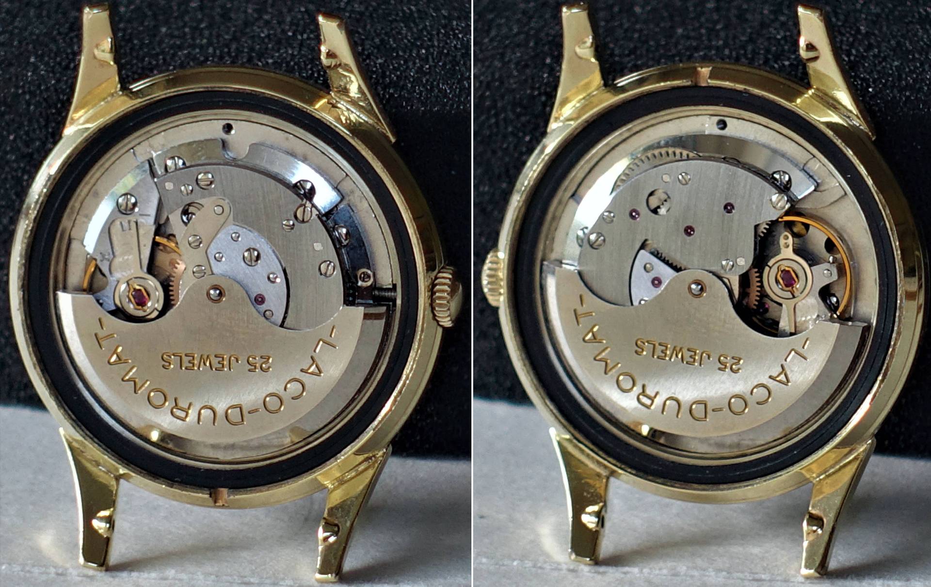 Silberfarbenes Automatik-Uhrwerk mit goldfarbenem Gehäuse und sichtbarem Rotor, Gravur "Laco-Duromat 25 Jewels".