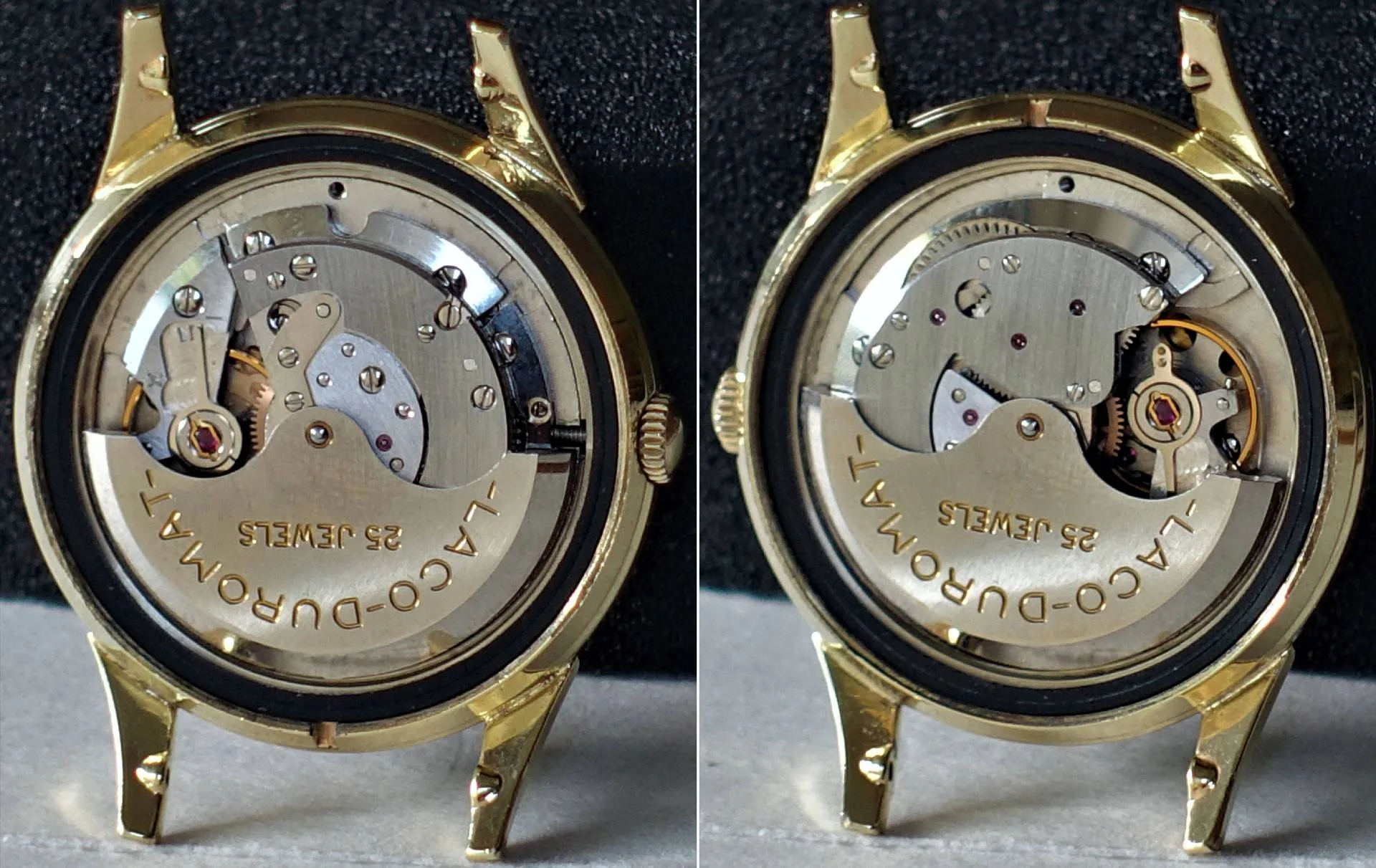 Silberfarbenes Automatik-Uhrwerk mit goldfarbenem Gehäuse und sichtbarem Rotor, Gravur "Laco-Duromat 25 Jewels".